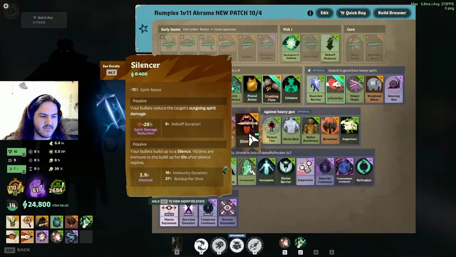 Silencer tooltip in the Abrams against-heavy-spirit counter item row