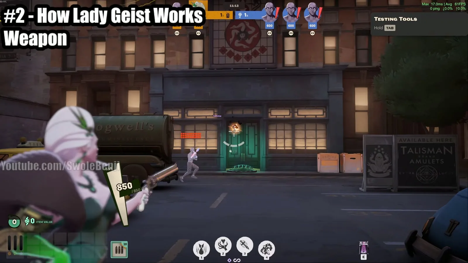 Lady Geist firing Johann's Gift at a target dummy in the Deadlock sandbox