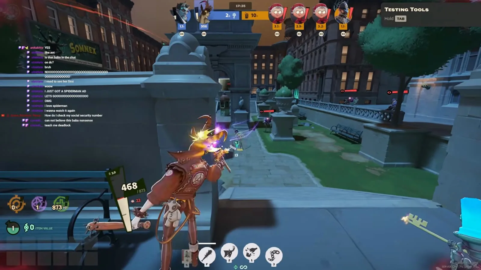 Deadlock hero peeking from behind a stone wall to shoot down the lane while exposing little of her body