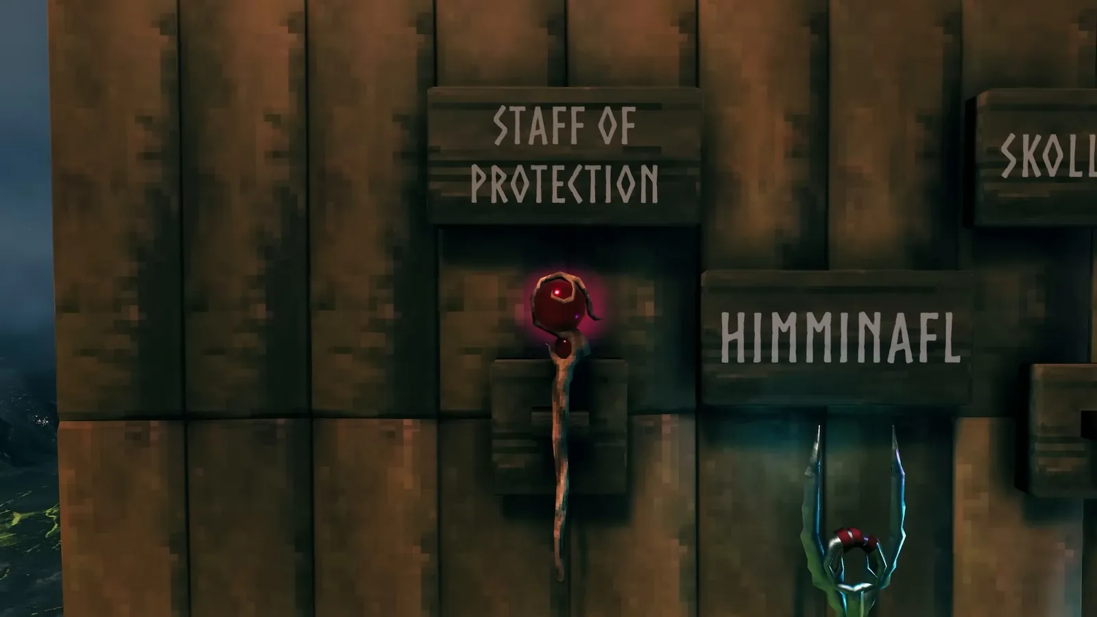 Valheim weapon display with the Staff of protection, Himminafl and Skoll and Hati on item stands