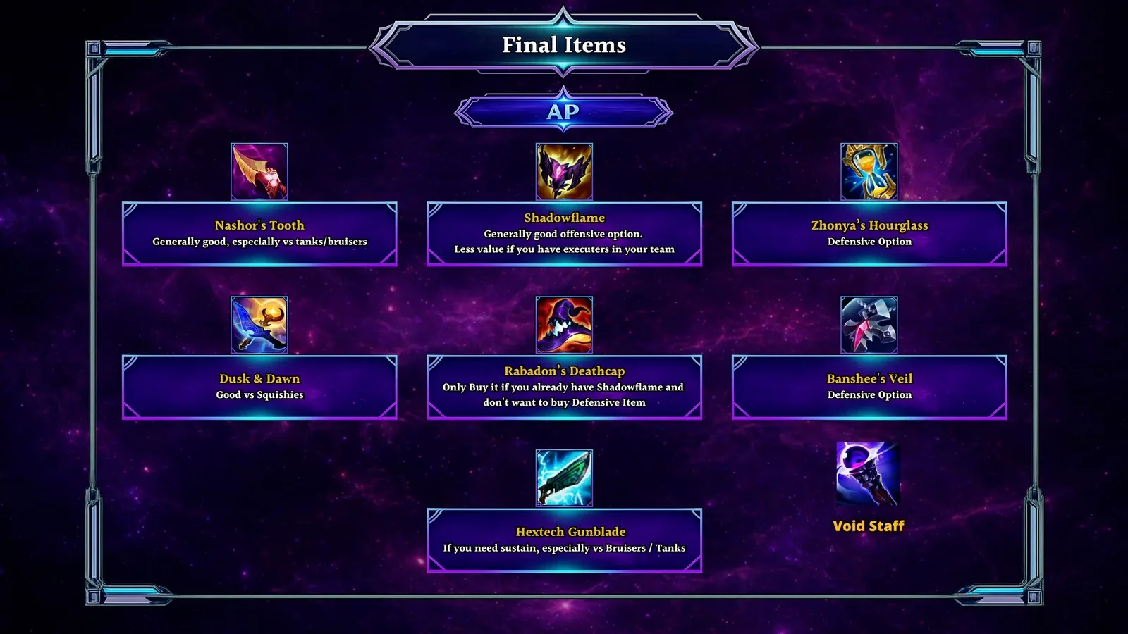 Kai'Sa AP final items: Nashor's, Shadowflame, Zhonya's, Dusk and Dawn, Rabadon's, Banshee's, Gunblade