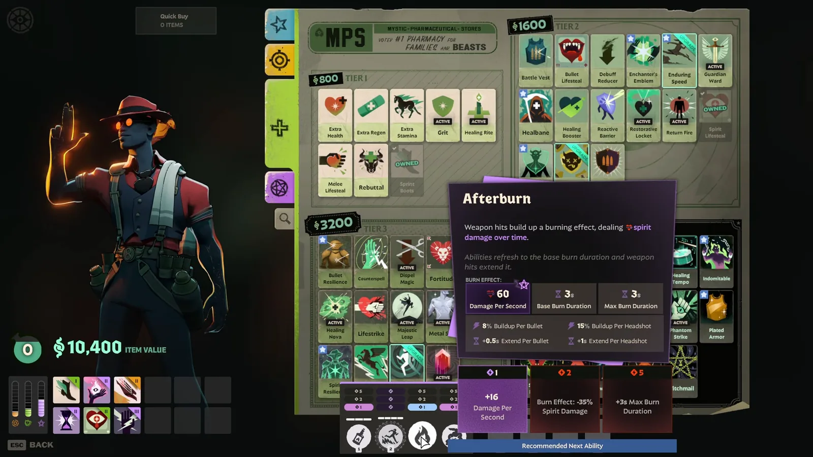 Infernus Afterburn passive tooltip showing burn damage per second, buildup per bullet and upgrades