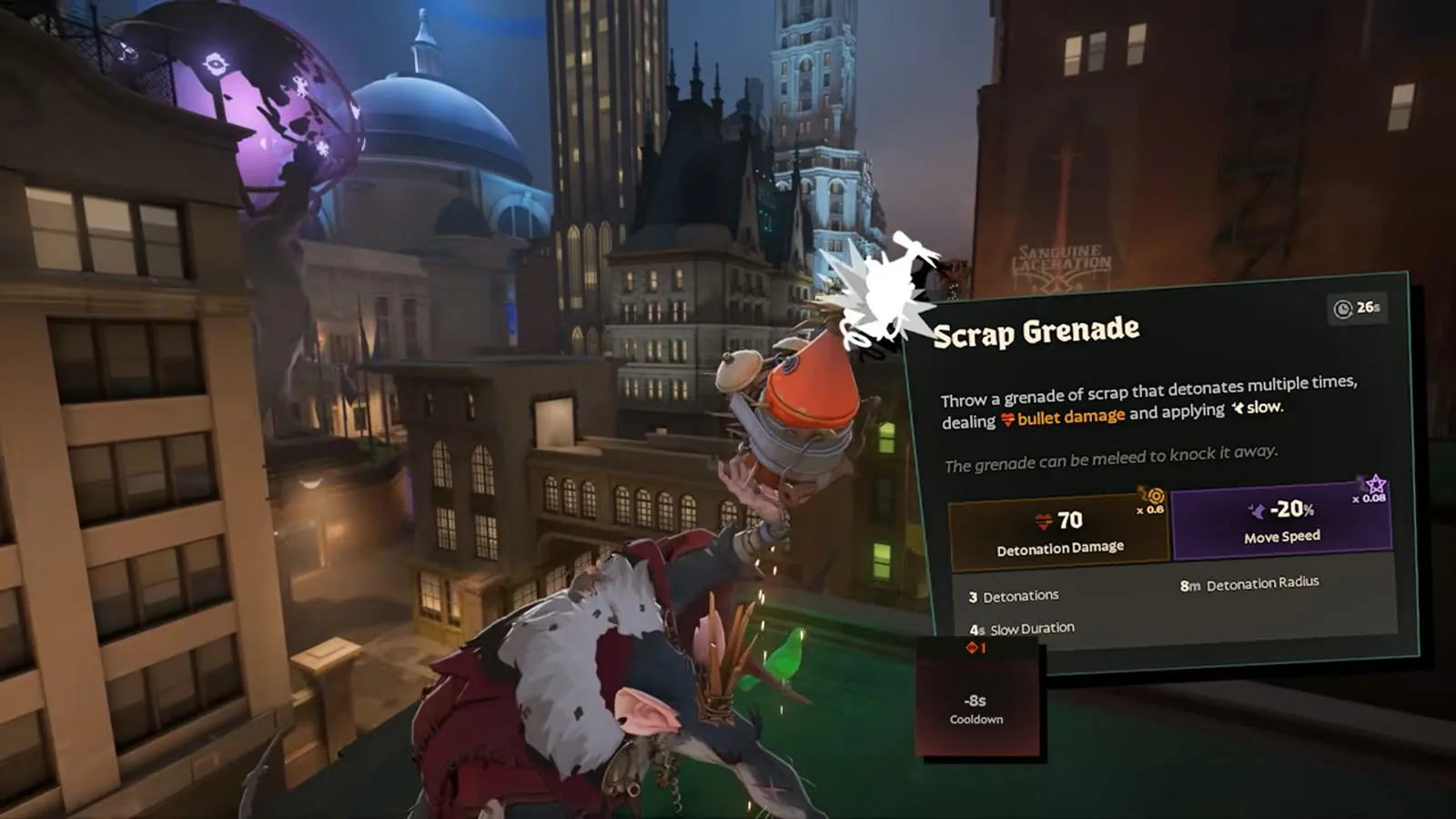 Scrap Grenade ability tooltip showing 70 detonation damage, 3 detonations and a 20 percent slow