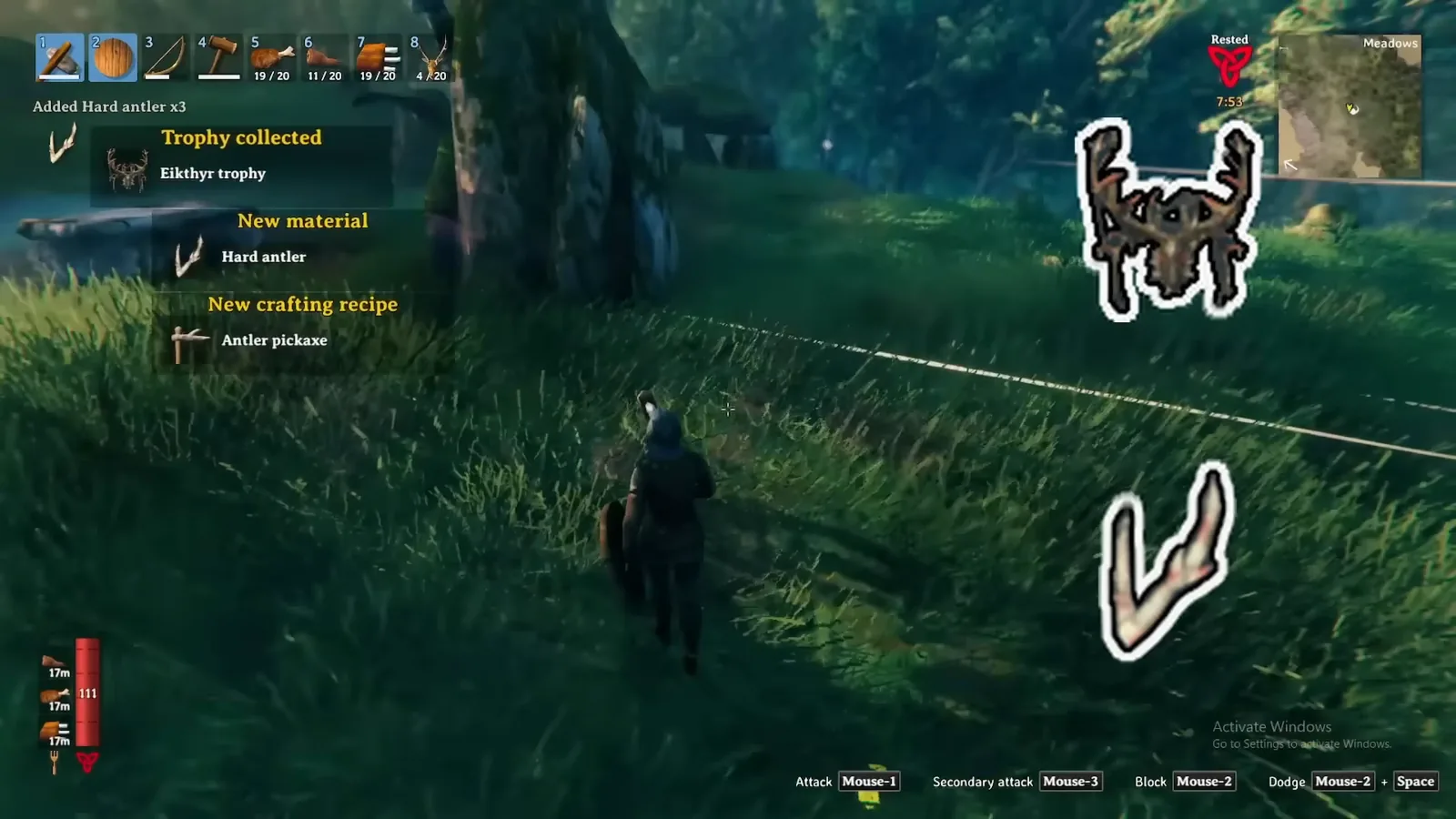 Valheim screen after killing Eikthyr showing the Hard antler drop and the new Antler pickaxe crafting recipe