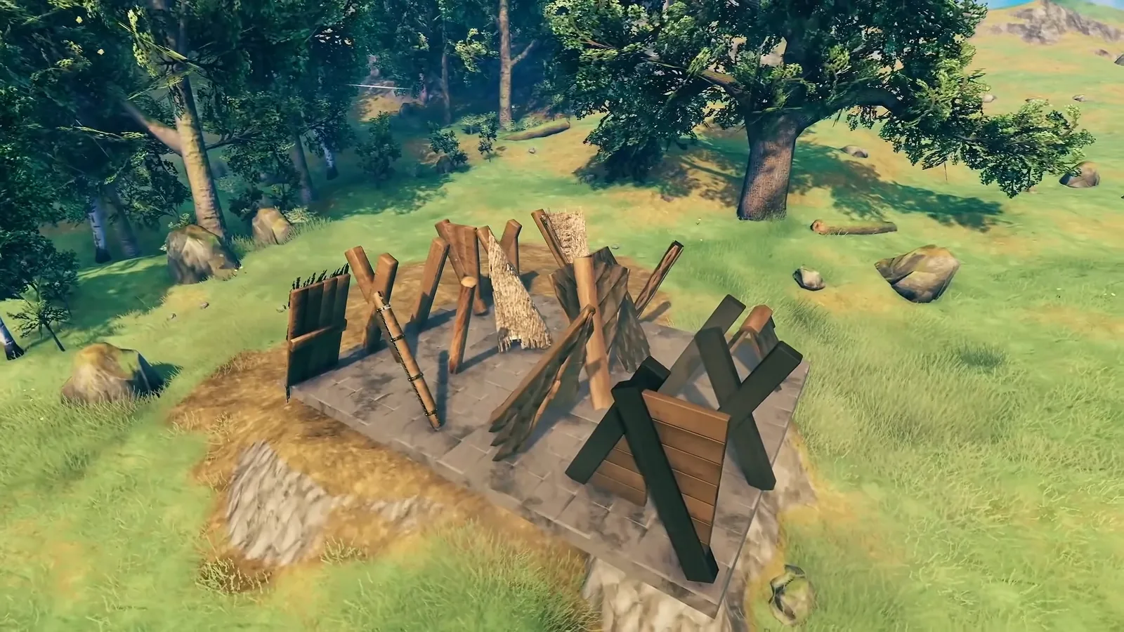 New 67 degree wood wall, beam and roof cross pieces built in the Valheim 1.0 Meadows