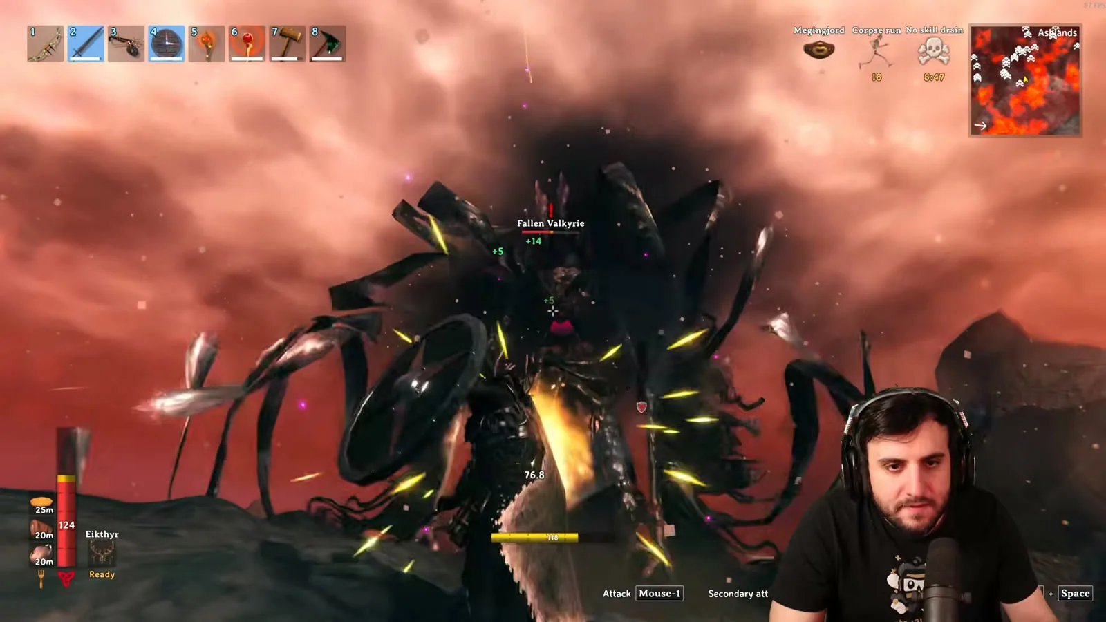 Fallen Valkyrie attacking the player in the Valheim Ashlands