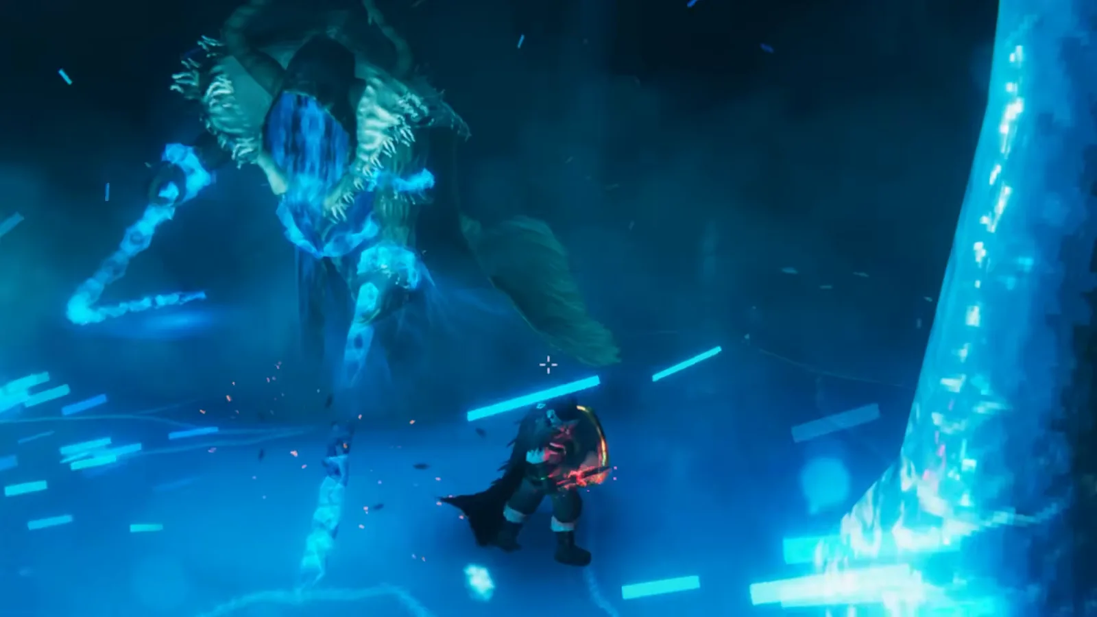Kall Fimbulbringer swinging his glowing chains at the player during phase 1 of the Valheim final boss fight