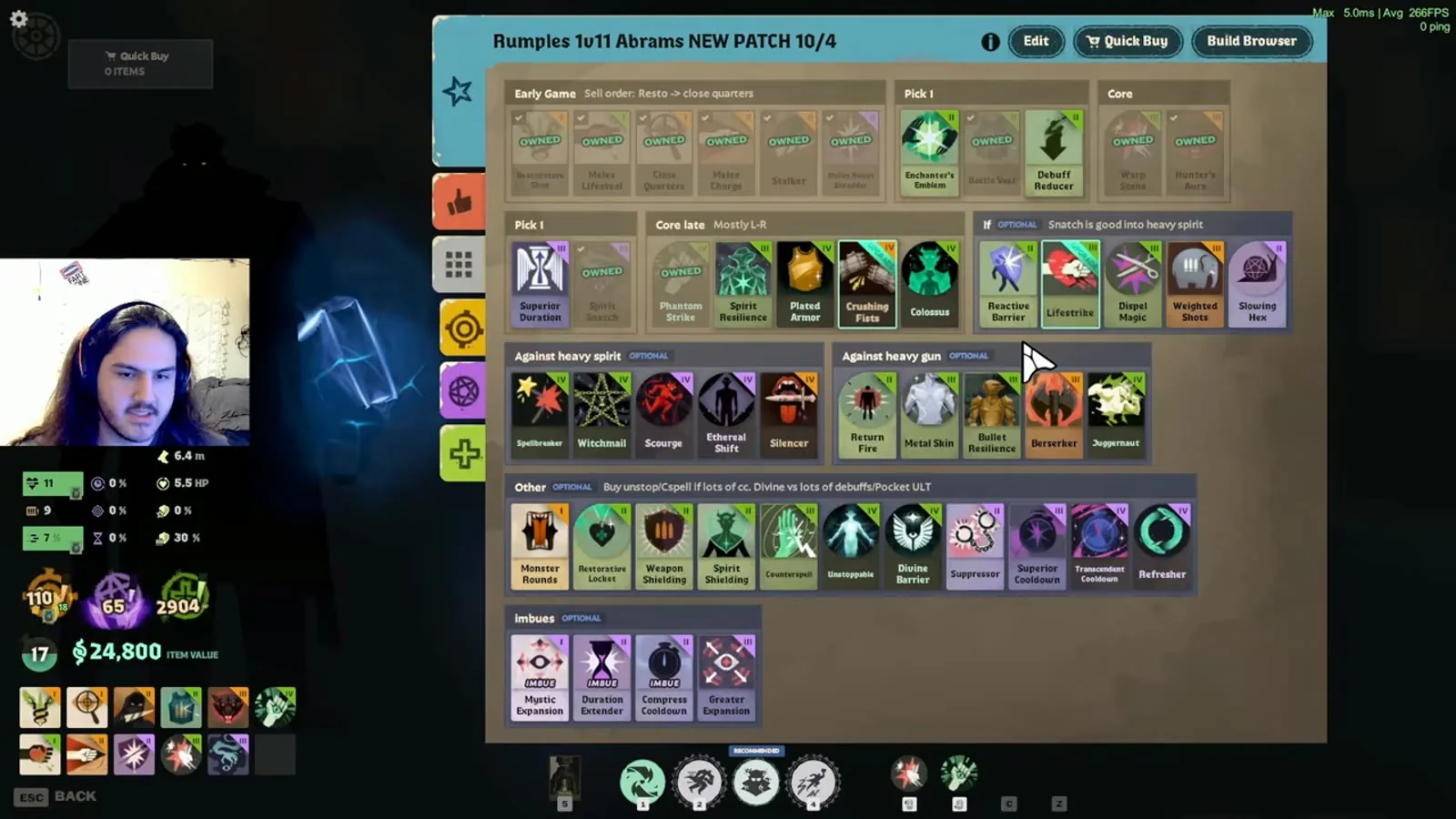 Full Abrams item build in the Deadlock shop: early game, pick-one, core, late and counter rows