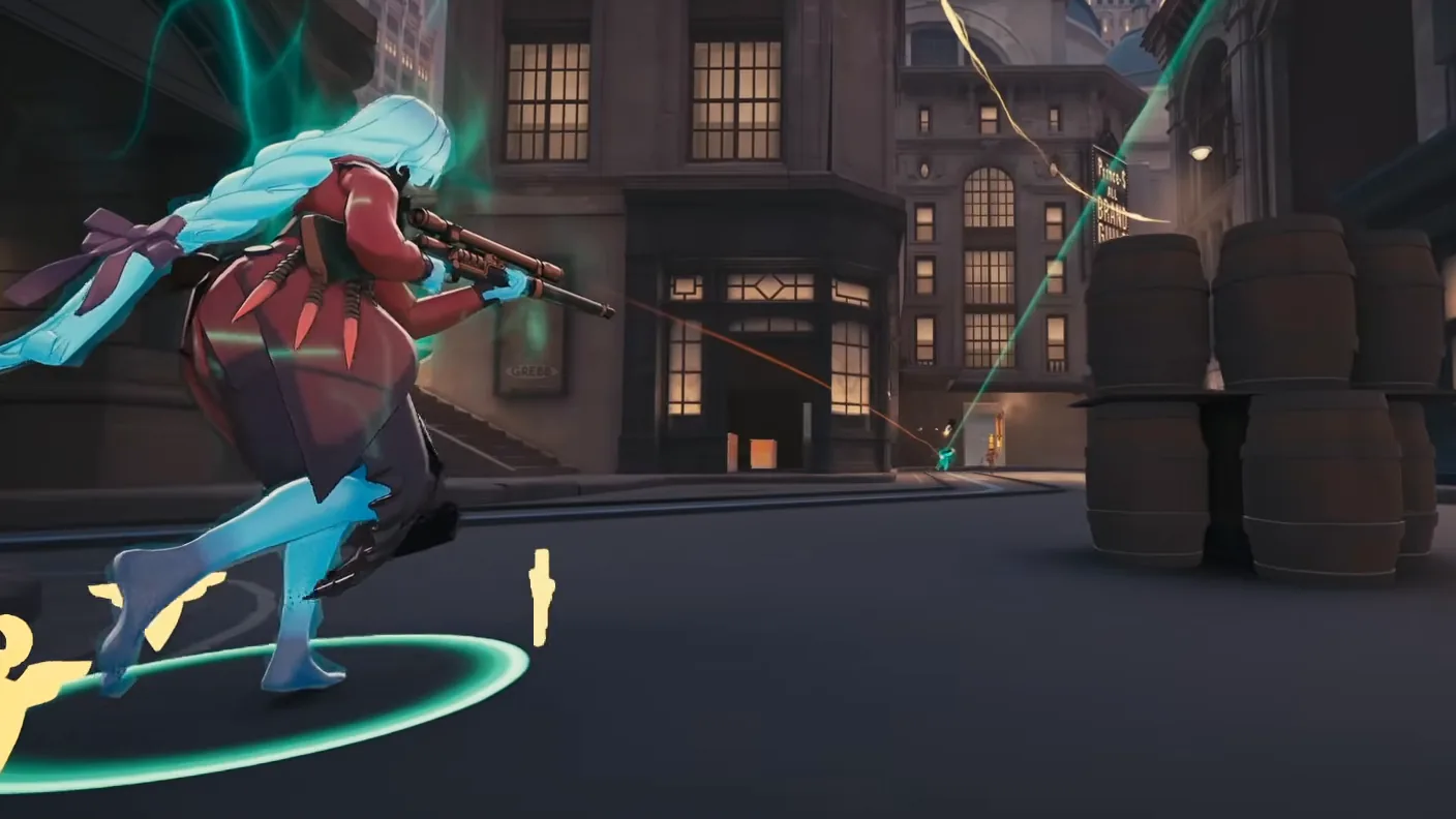 Vindicta firing her rifle down a Deadlock lane street