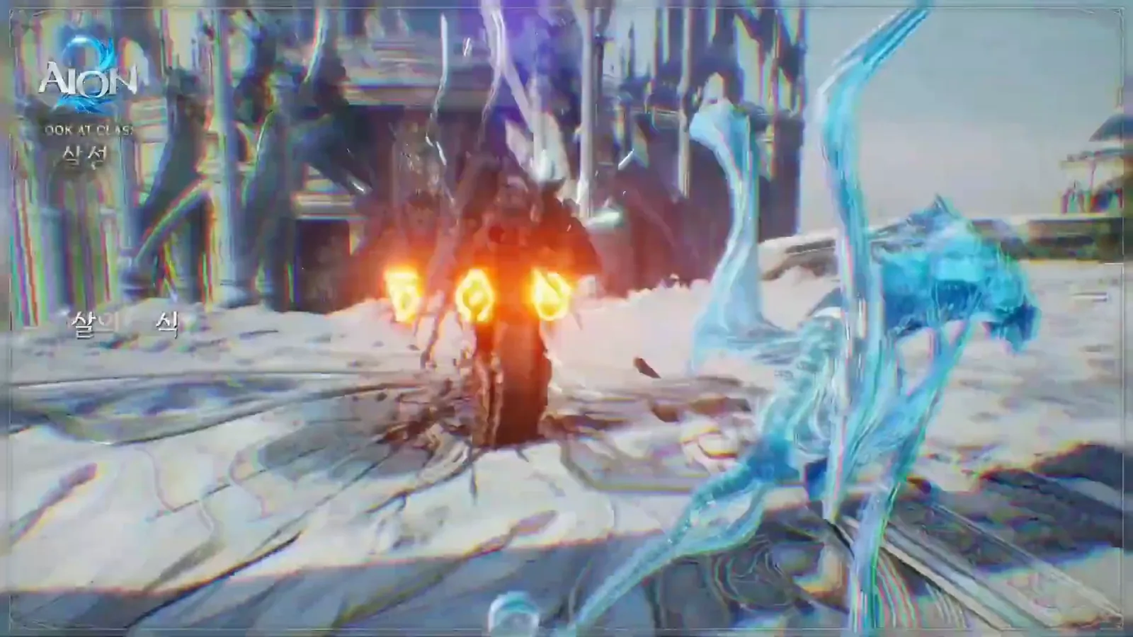 AION 2 Assassin attacking a fire-eyed monster in a snowy area