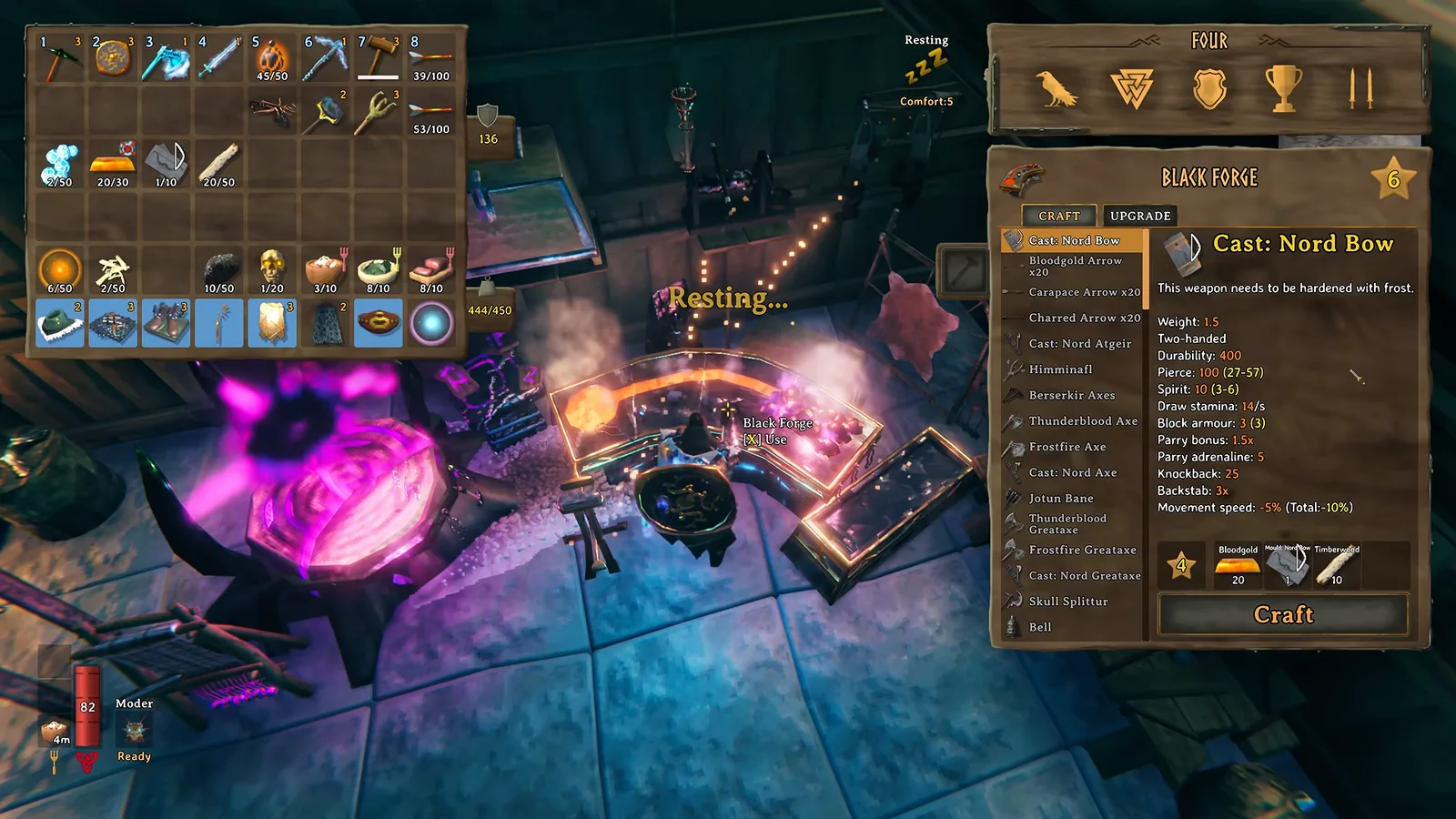 Black Forge tooltip for Cast Nord Bow in Valheim 1.0 showing 100 pierce and its Bloodgold recipe