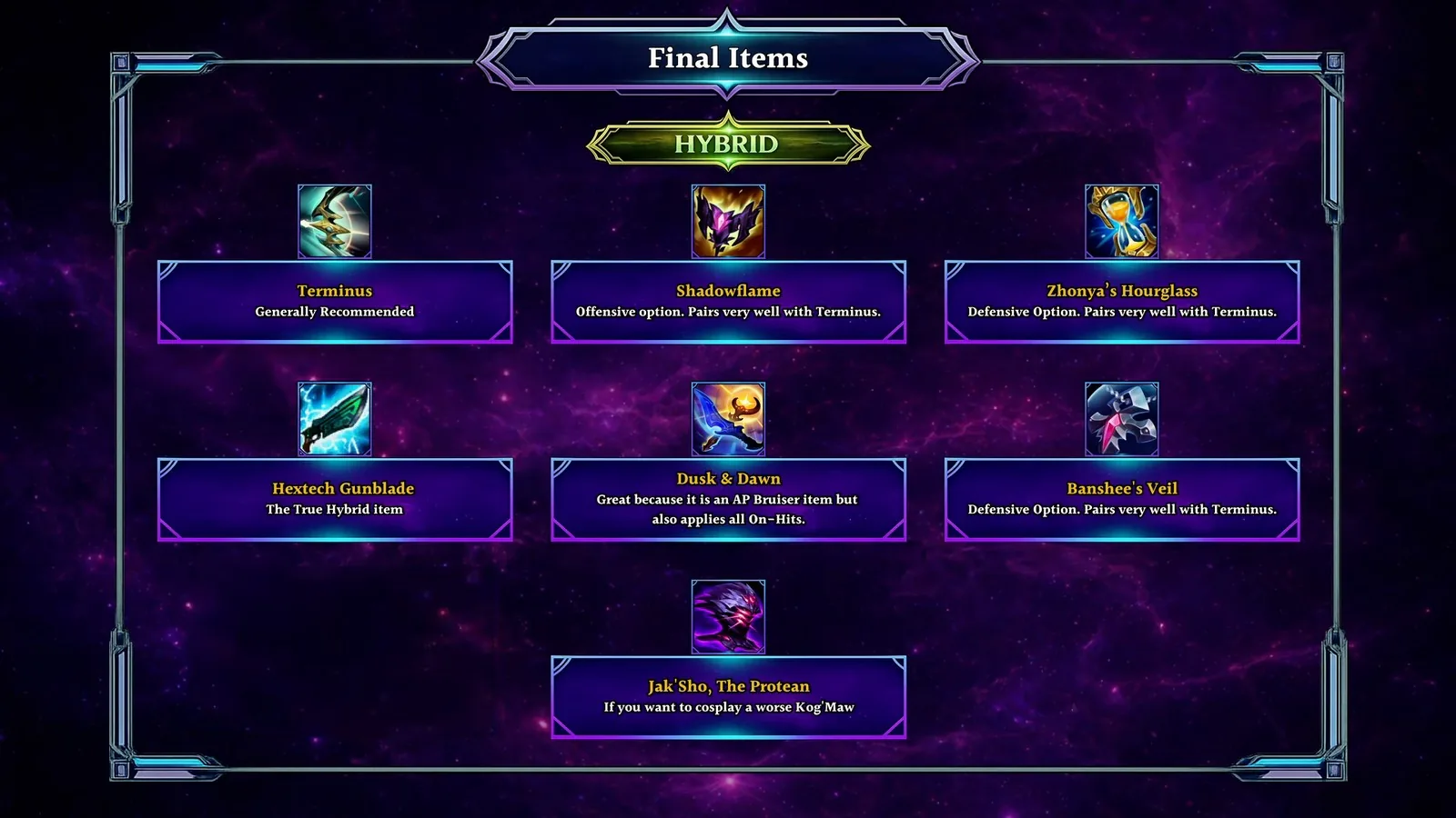 Kai'Sa hybrid final items built around Terminus with Shadowflame, Zhonya's and Gunblade