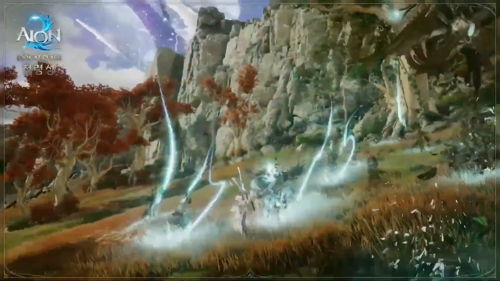AION 2 Spiritmaster casting wind attacks with summoned spirits near a cliff
