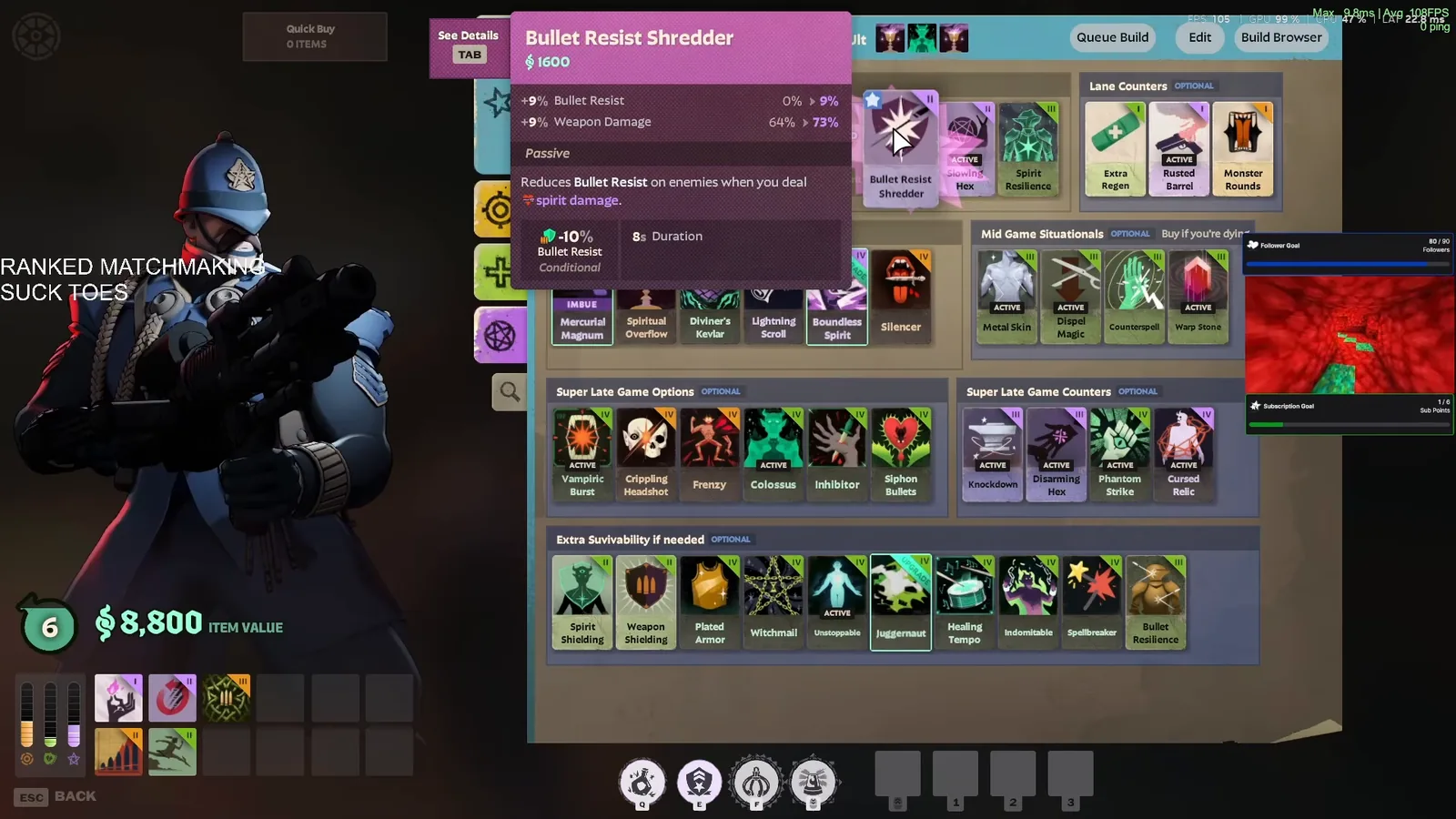 Warden core item box in the Deadlock shop with the Bullet Resist Shredder tooltip open