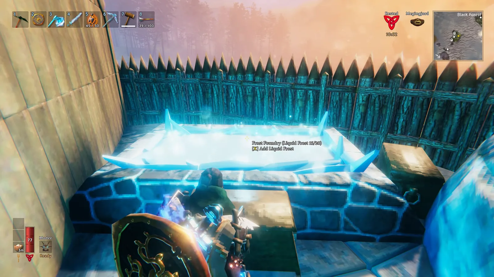 Frost Foundry holding 15 of 20 Liquid Frost while hardening a Nord weapon cast in Valheim