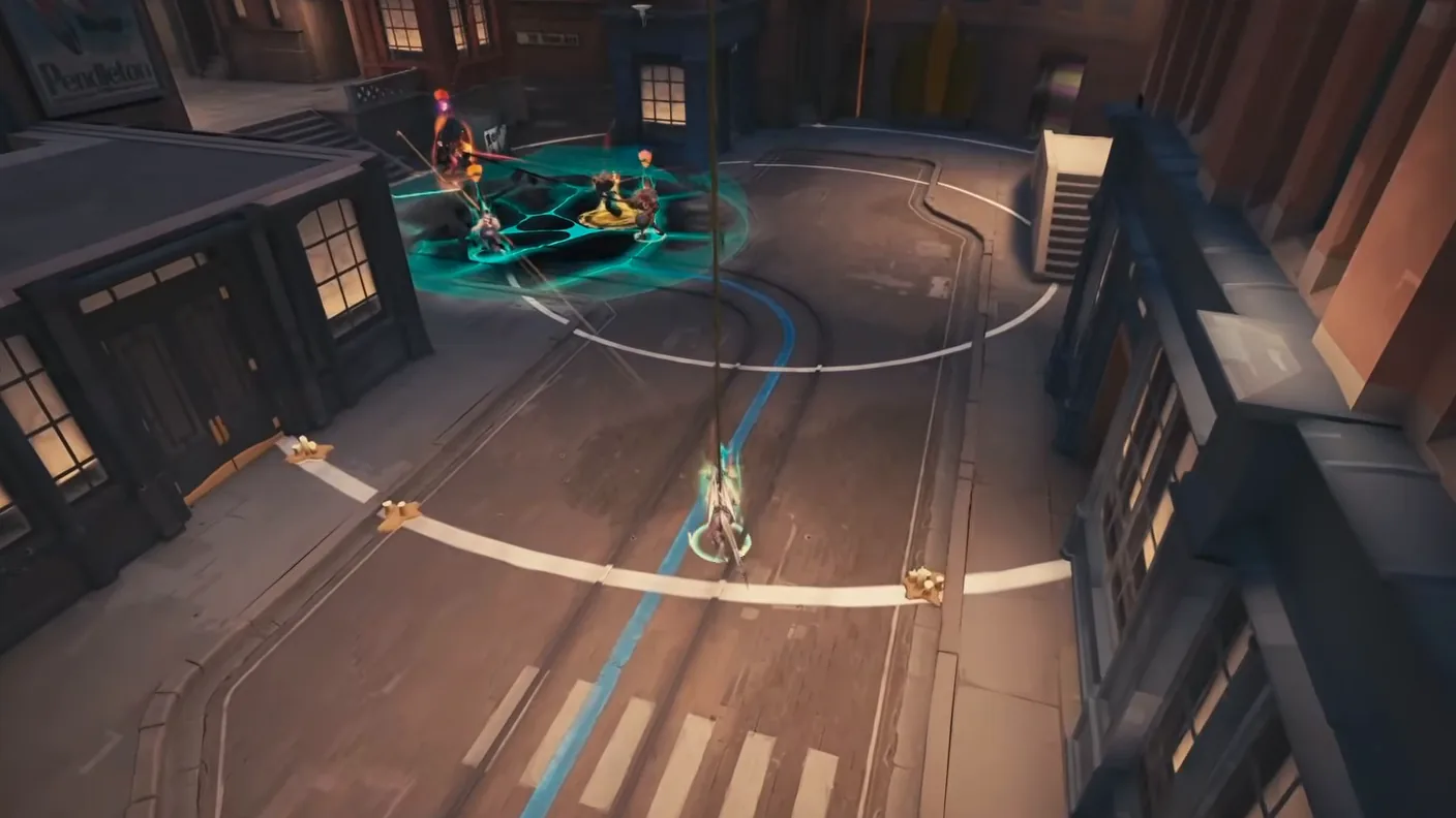 Top-down view from Vindicta's Flight over a Deadlock street fight