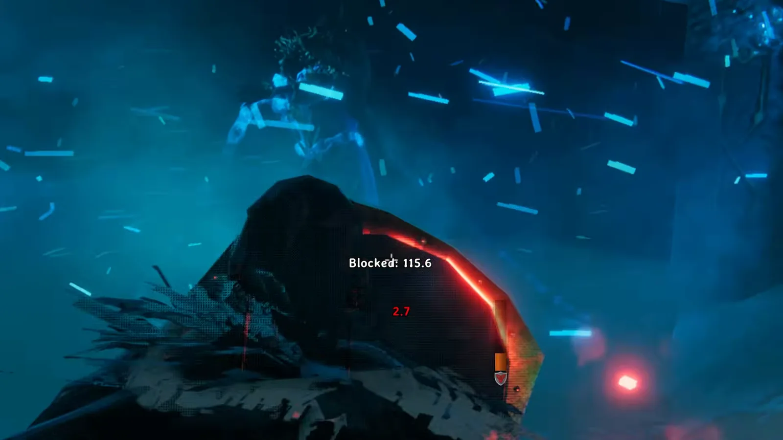 Blocking Kall Fimbulbringer's chain attack with a Nord shield in Valheim, blocked 115.6 damage and took 2.7