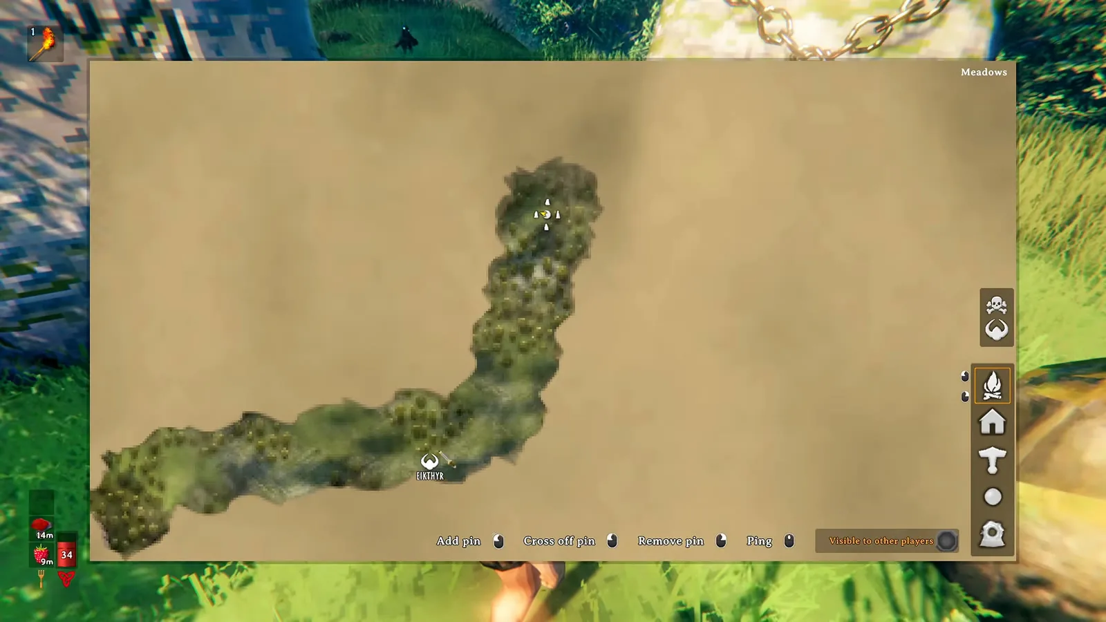 Valheim map with the first boss altar marked after reading the starting Vegvisir