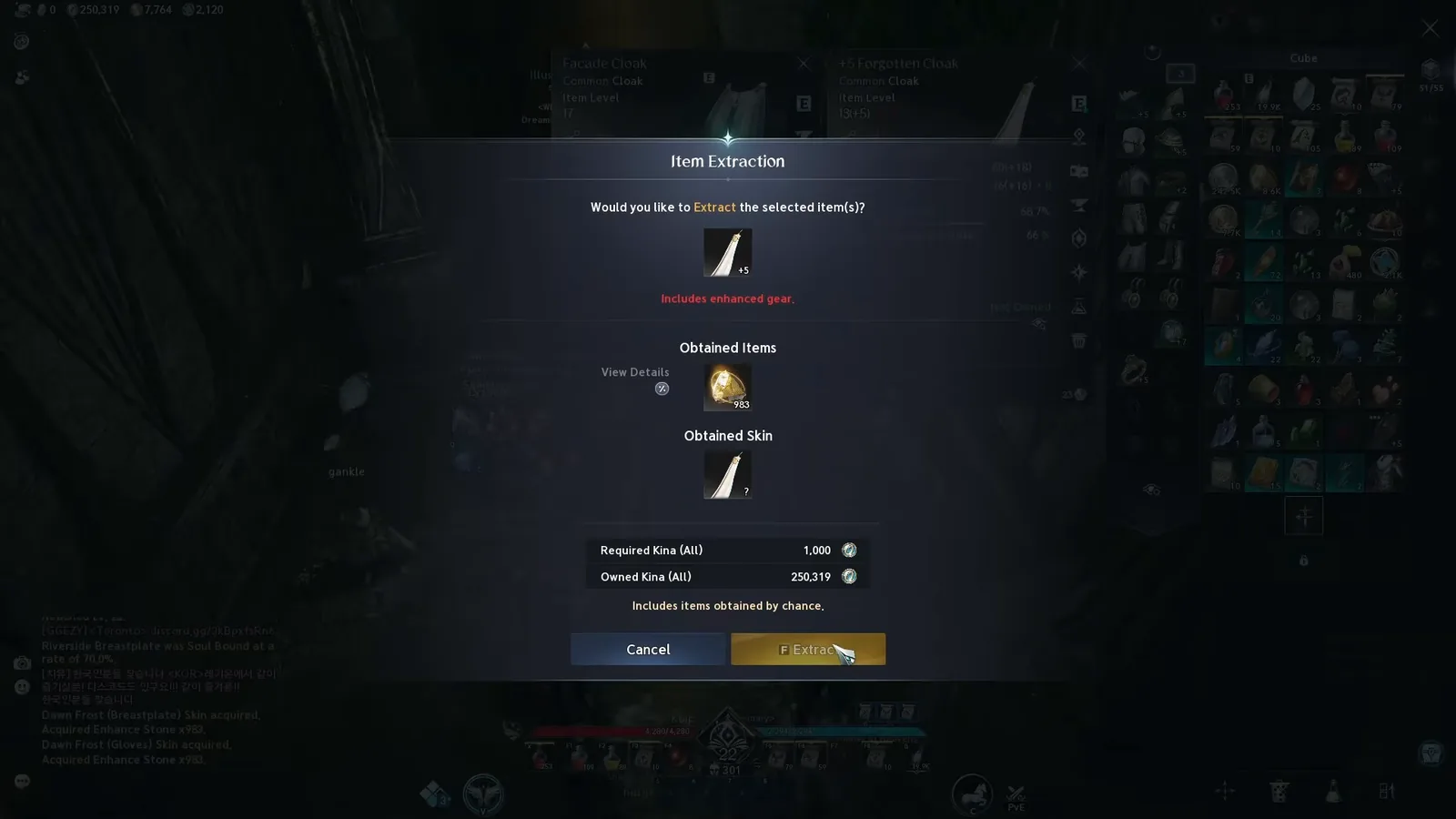 AION 2 Item Extraction window costing 1,000 Kina for a +5 cloak