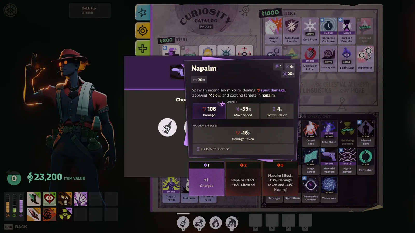 Infernus Napalm ability tooltip in Deadlock showing damage, slow and napalm damage-taken effect