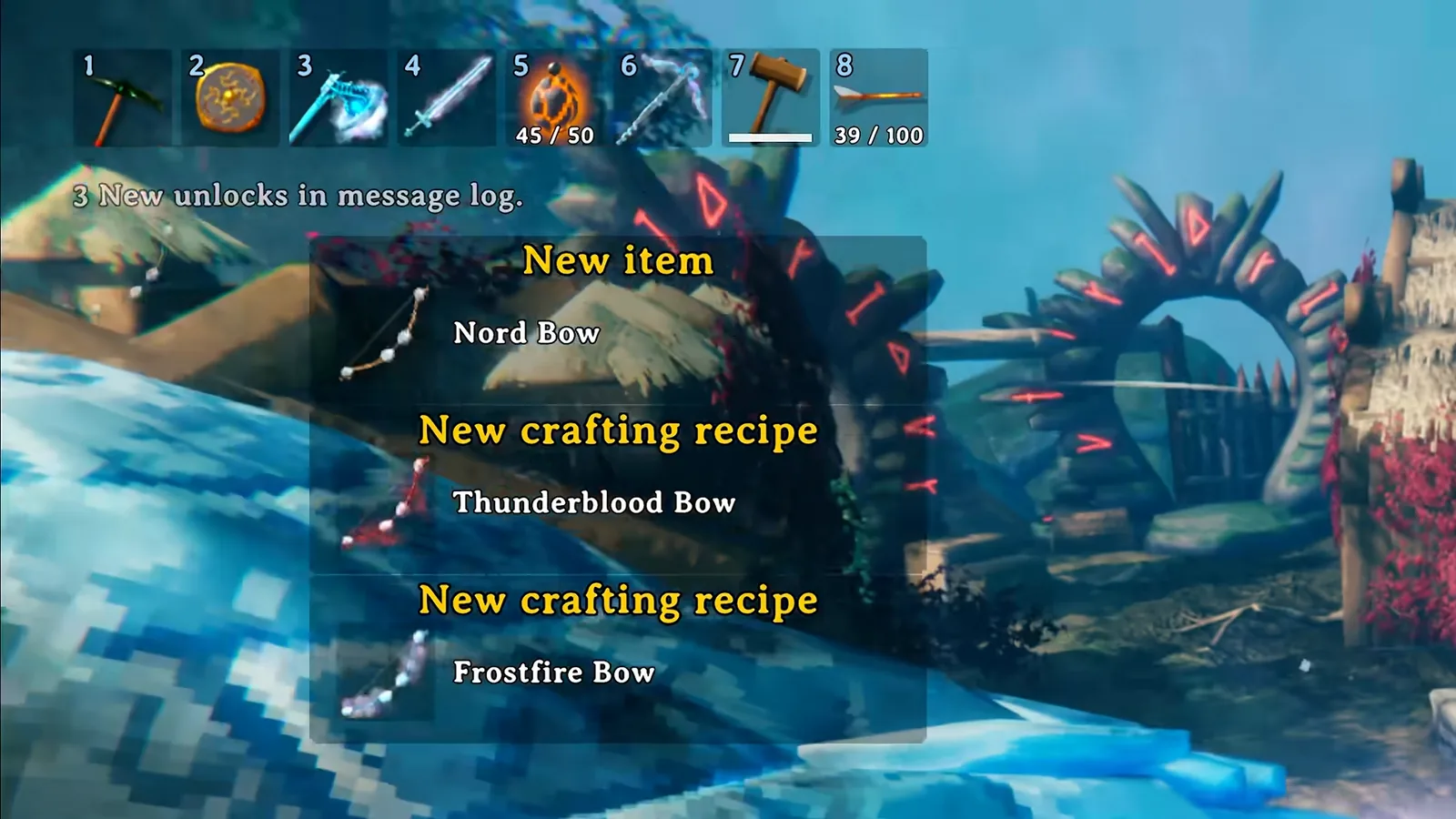 Valheim 1.0 unlock message after casting the Nord Bow, adding Thunderblood Bow and Frostfire Bow recipes