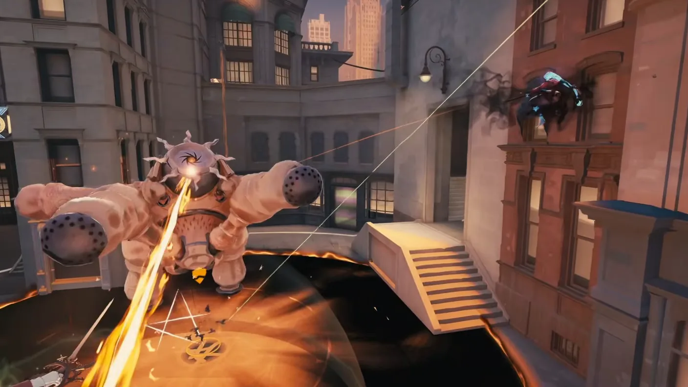 Vindicta's team shooting down an enemy Walker in Deadlock