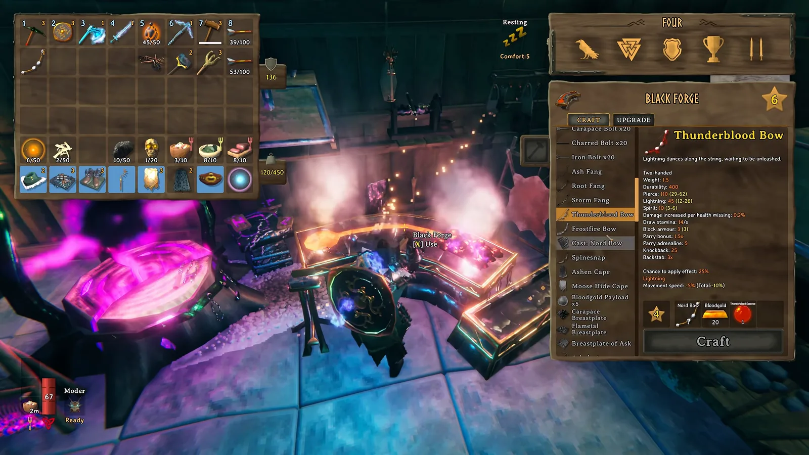 Thunderblood Bow tooltip in Valheim 1.0 with lightning damage and the damage per missing health bonus