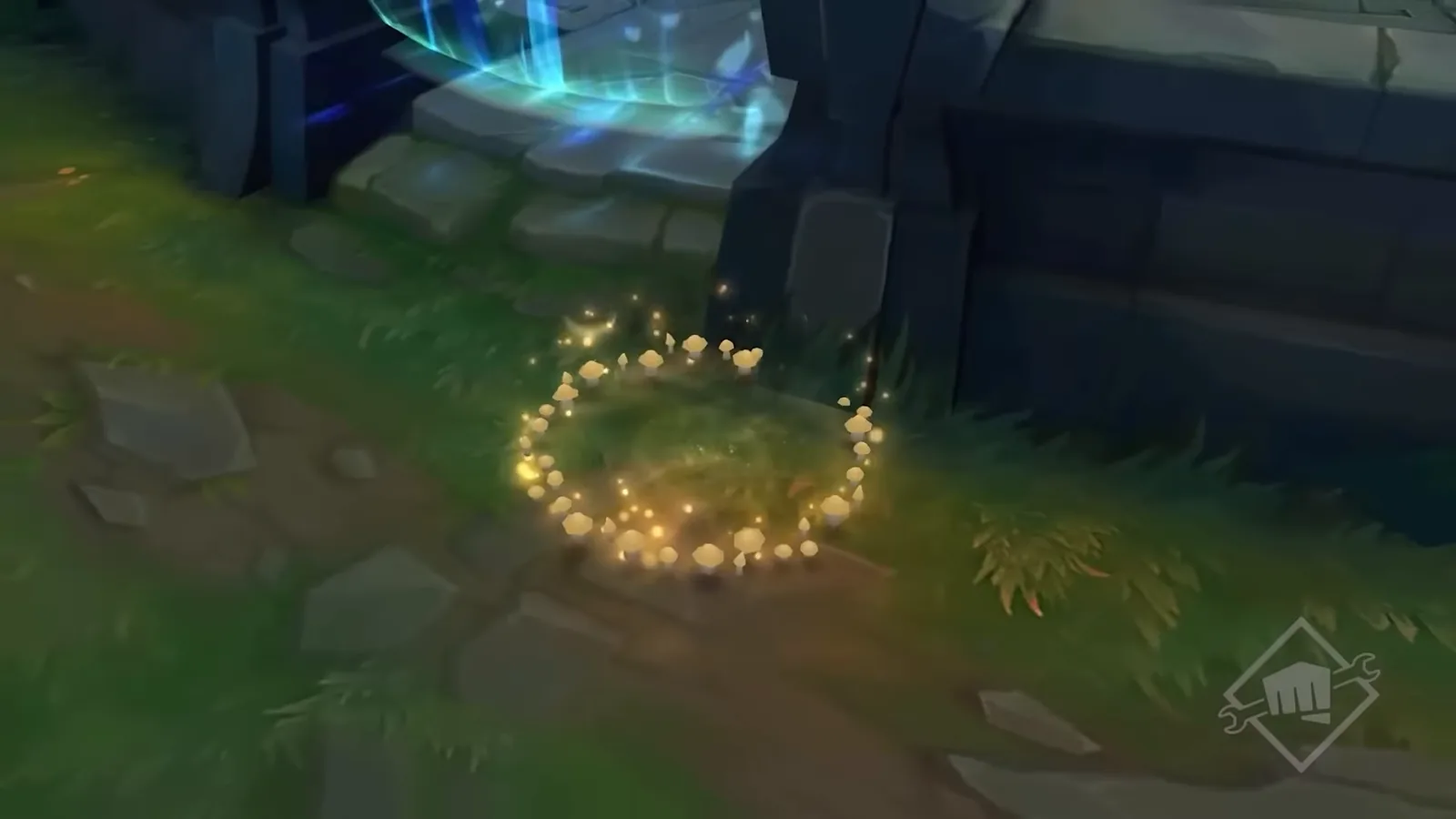 Faelight ring of glowing mushrooms in a river brush on Summoner's Rift