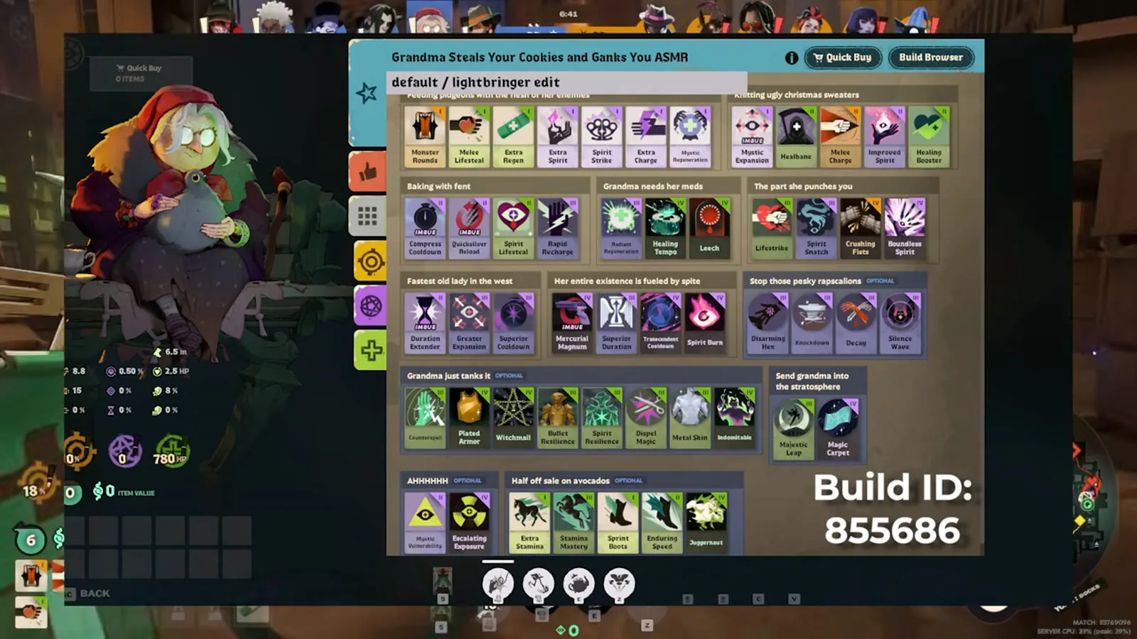 The Deadlock Build Browser showing Baba's melee support build, Build ID 855686, with early, mid and late item rows