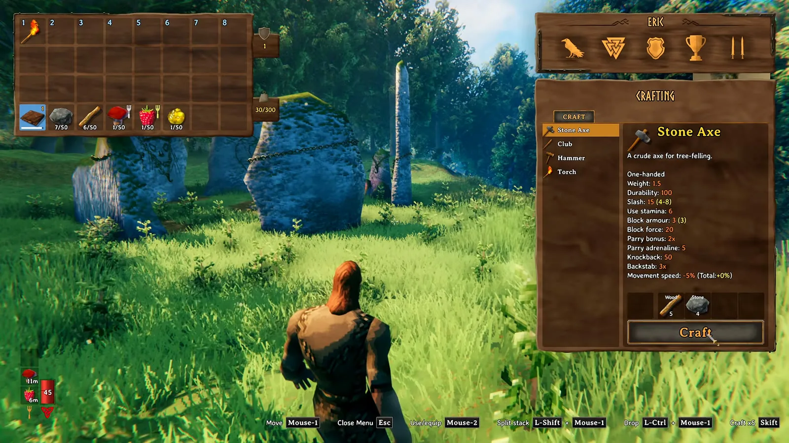 Crafting a stone axe from the inventory next to the Sacrificial Stones in Valheim 1.0