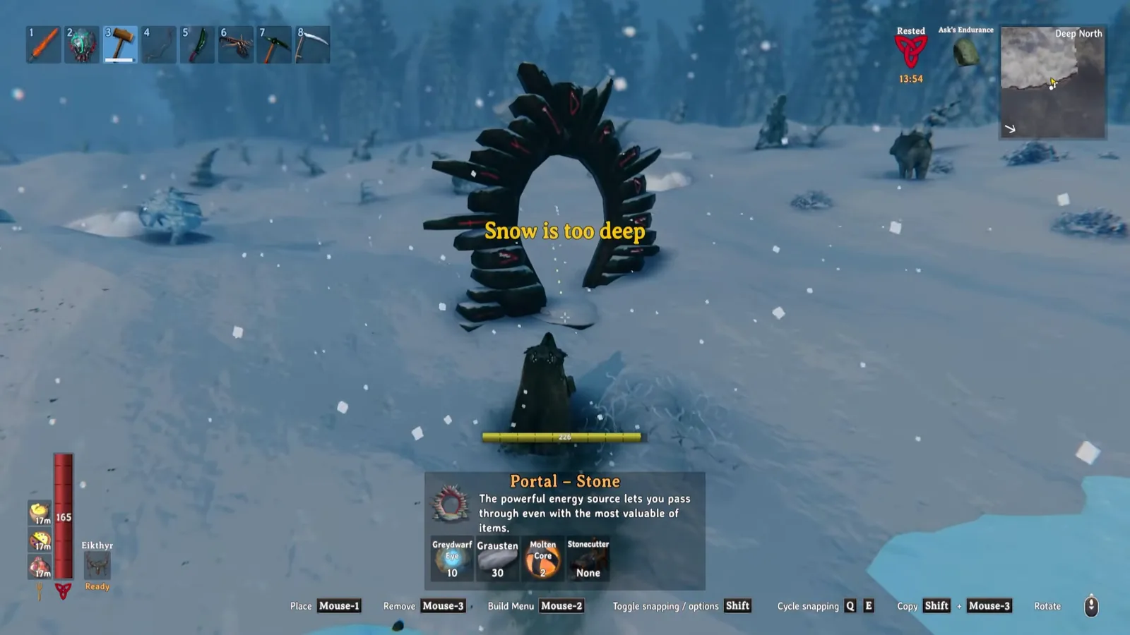Snow is too deep message when placing a stone portal on the Valheim Deep North snowfield