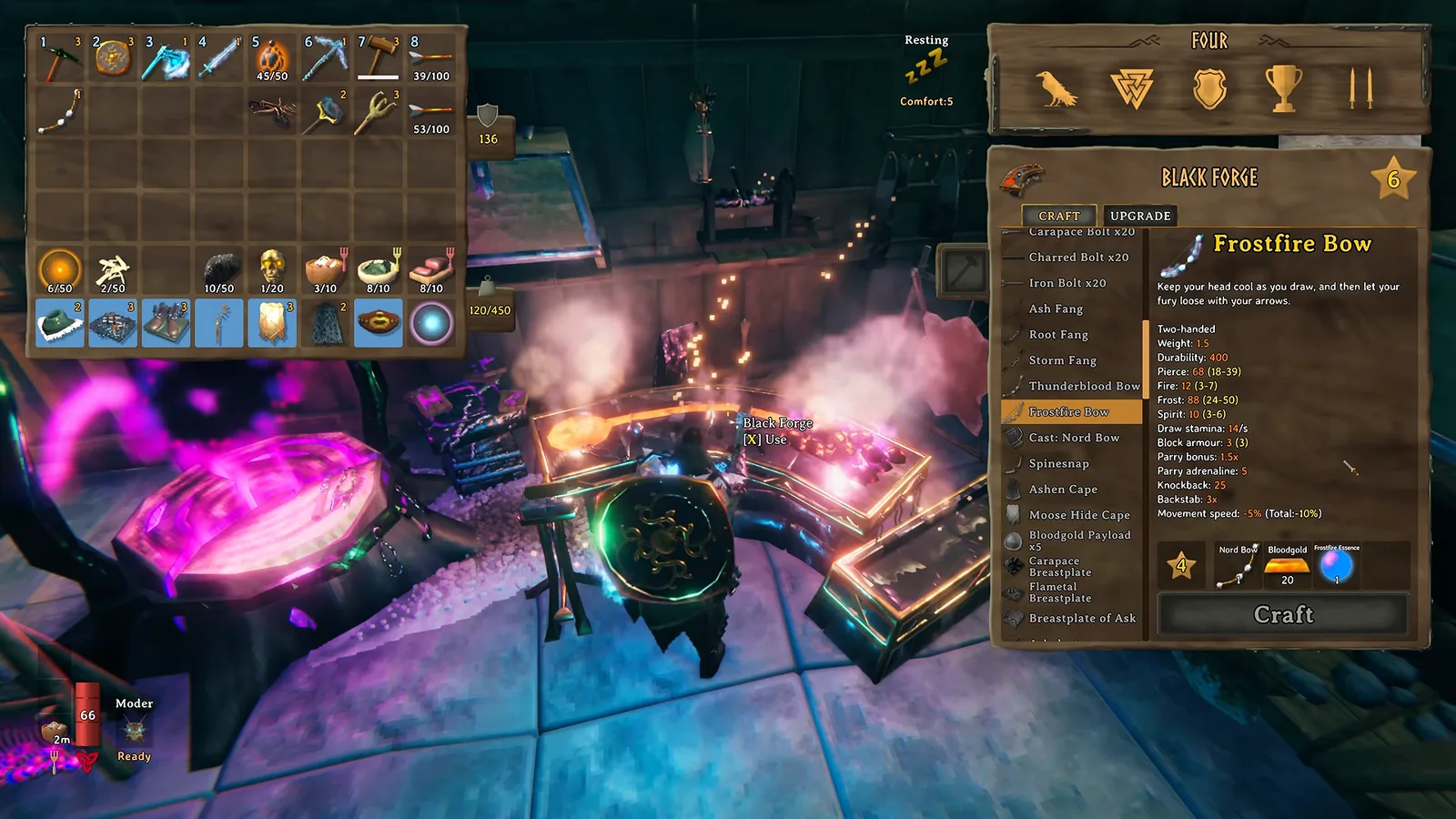 Frostfire Bow tooltip in Valheim 1.0 with frost, fire and pierce damage and Frostfire Essence recipe