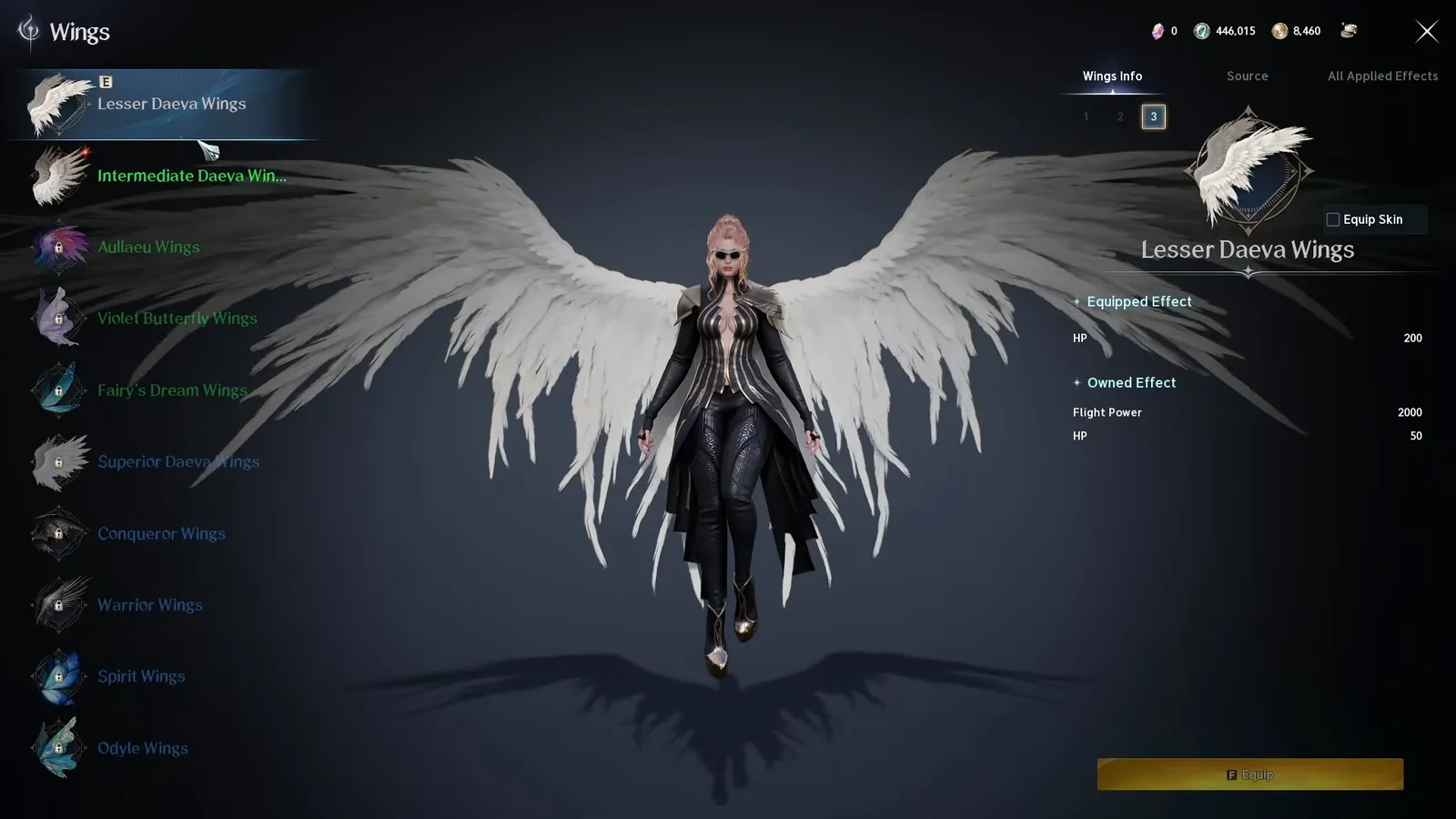 AION 2 Lesser Daeva Wings with Flight Power 2000 as an owned effect