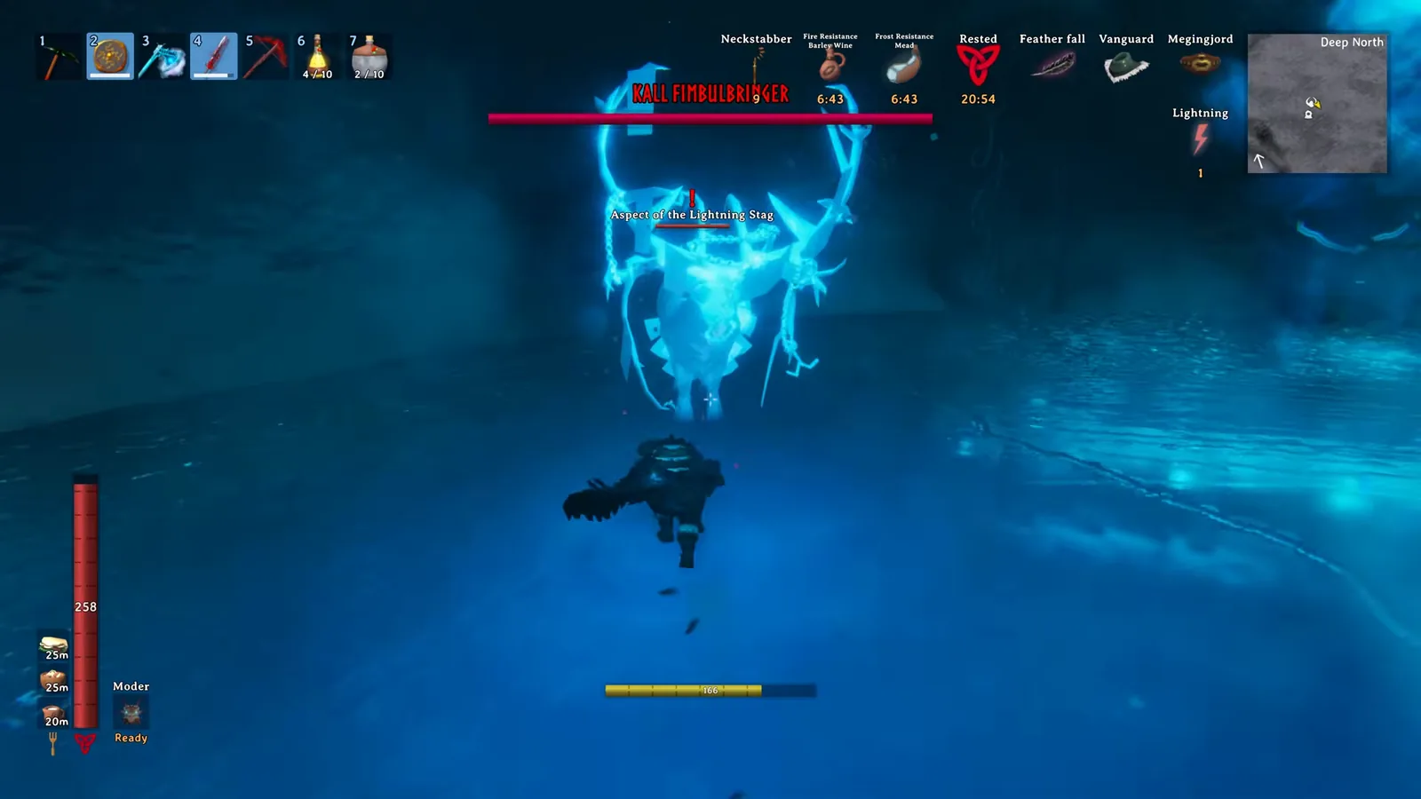 Aspect of the Lightning Stag, the spectral Eikthyr, in phase 2 of the Kall Fimbulbringer fight in Valheim 1.0