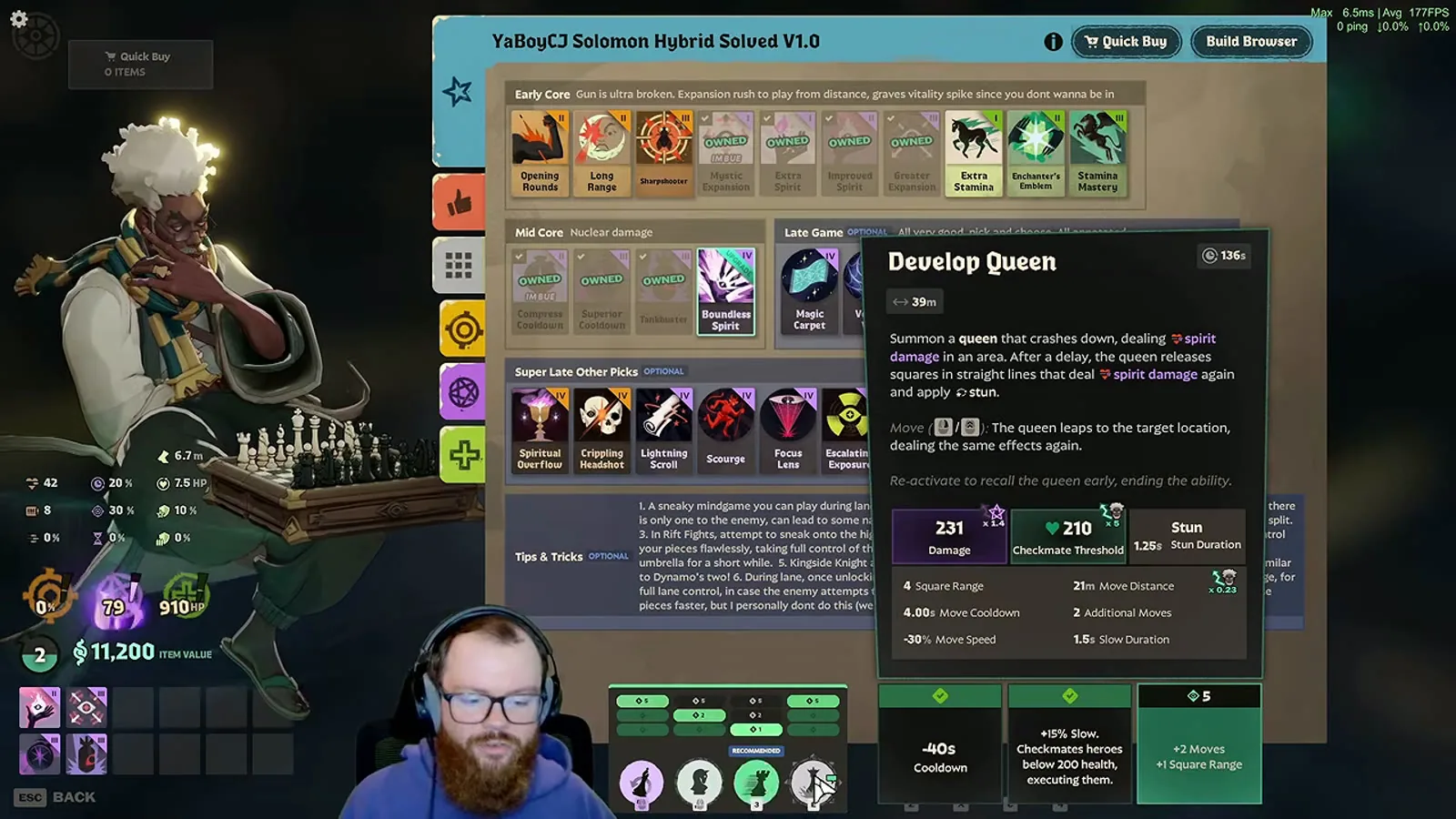 Develop Queen tooltip showing 136s cooldown and the 210 checkmate threshold beside YaBoyCJ's Solomon build