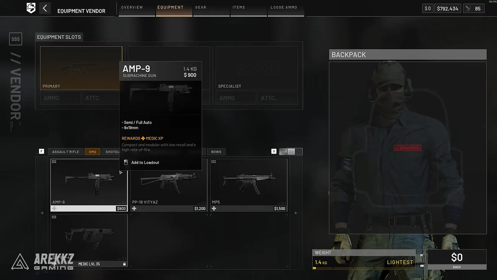 WARDOGS equipment vendor with the AMP-9 SMG selected in the primary slot