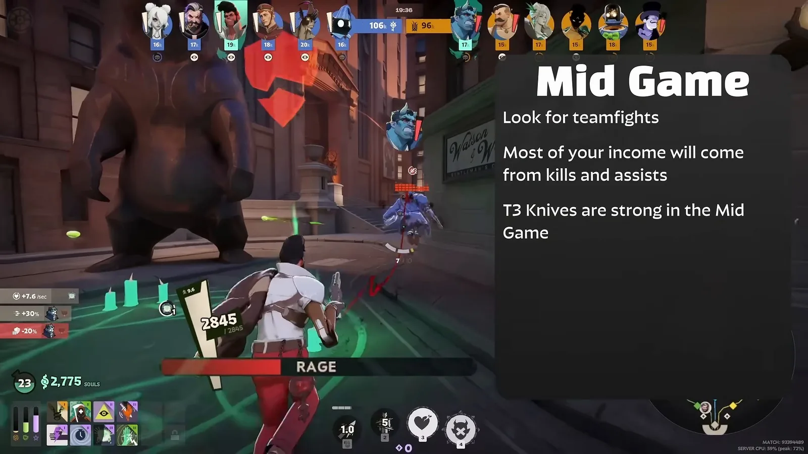 Shiv in a mid-game fight with his rage meter showing, next to a Mid Game card saying T3 knives are strong