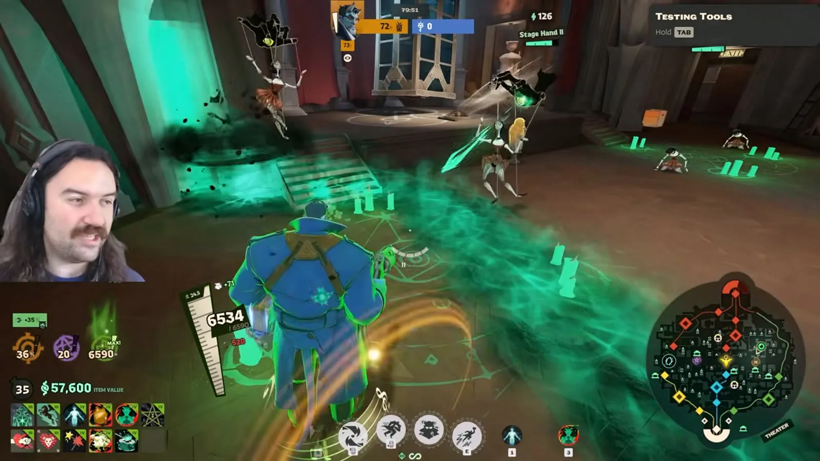 Stage Hand haunt laser leaving green fire across the Deadlock theater