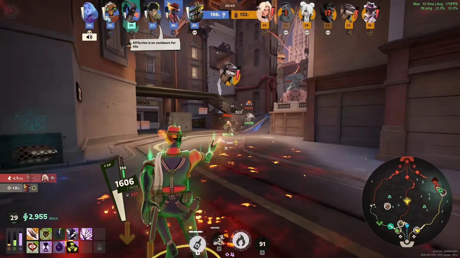 Infernus fighting in a city street late game with his Flame Dash fire trail burning on the ground