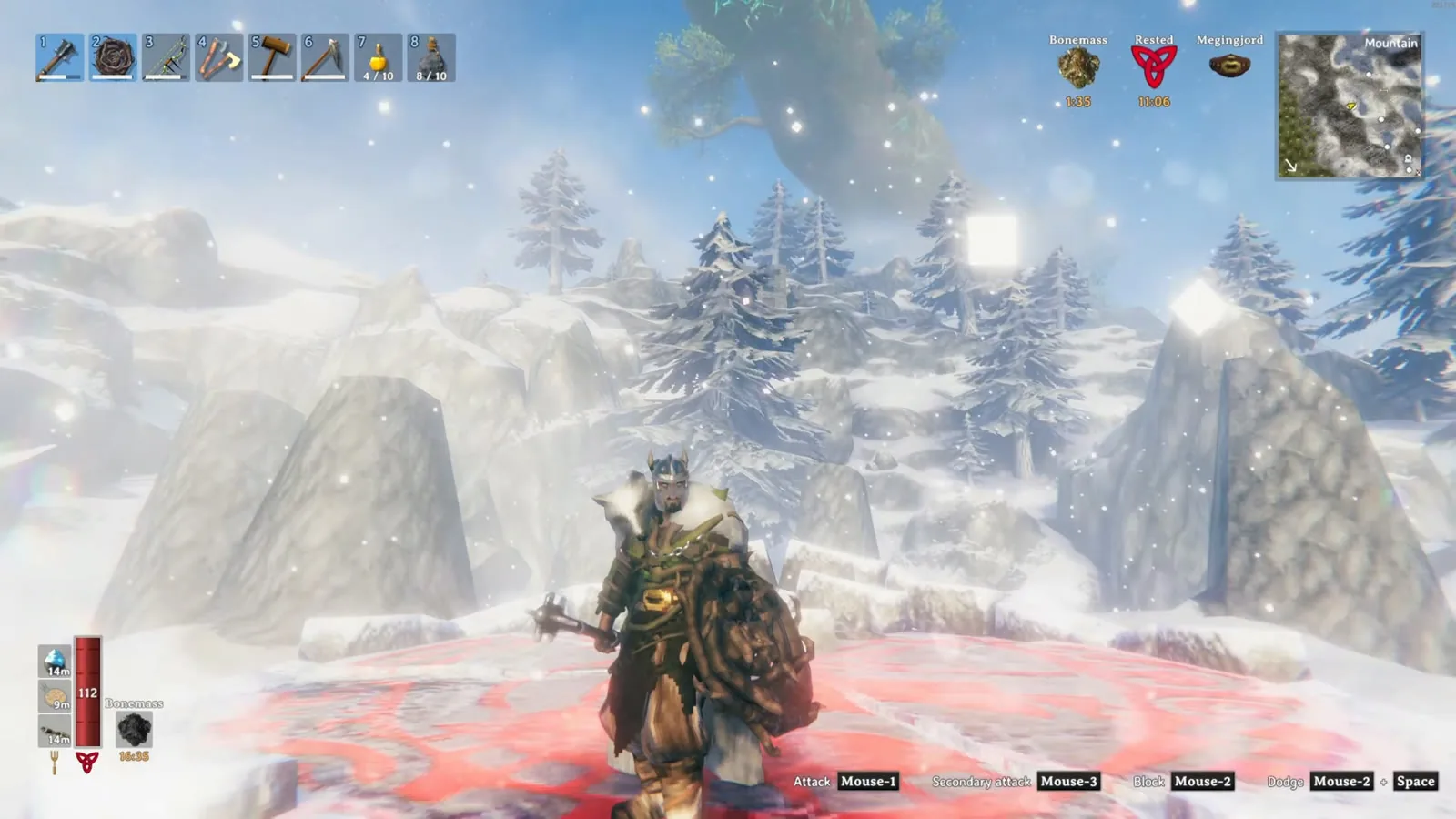 The player standing on Moder's altar in the Mountains after the boss fight