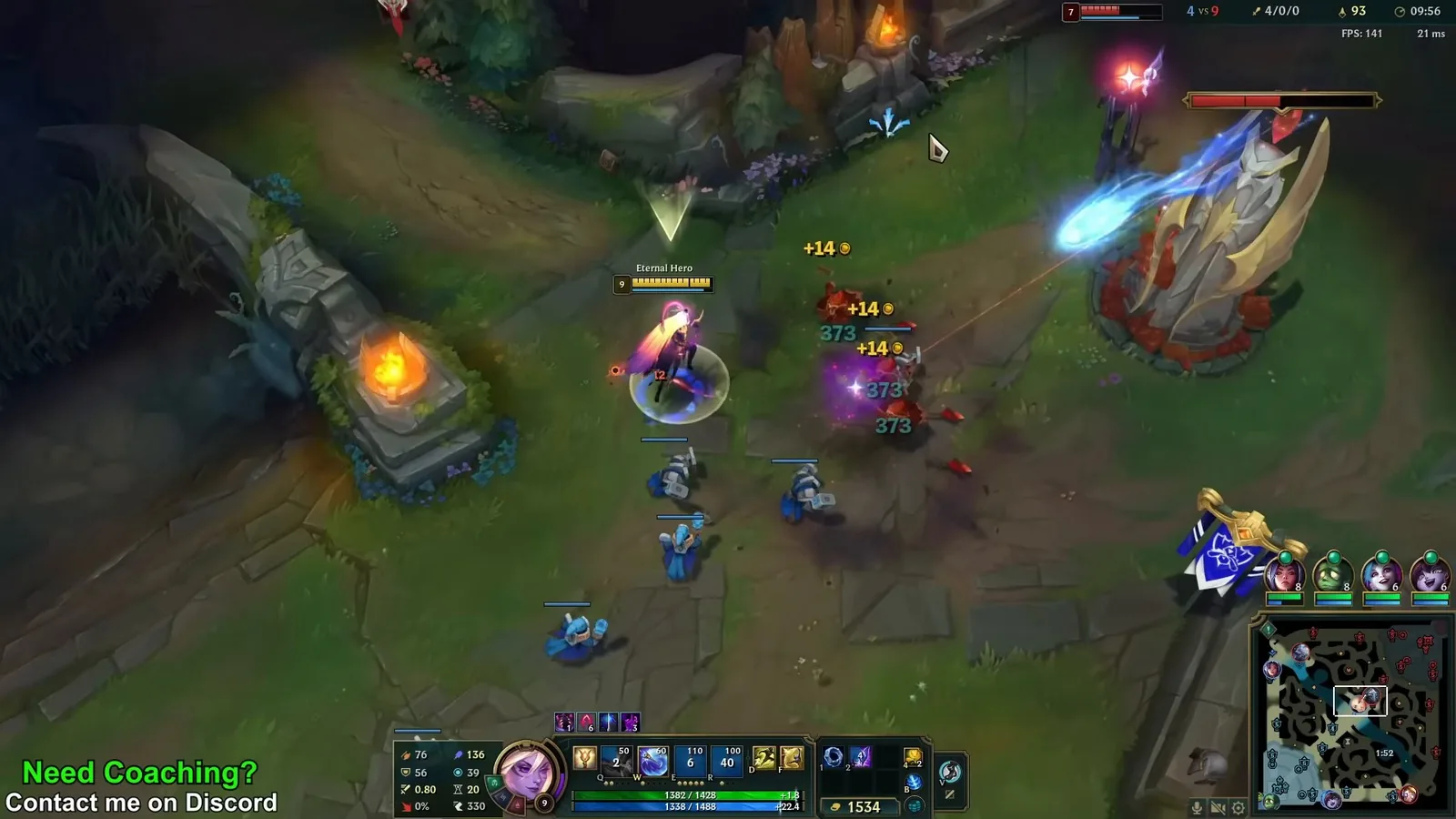 Lux clearing a full minion wave under Viktor's turret at 9:56