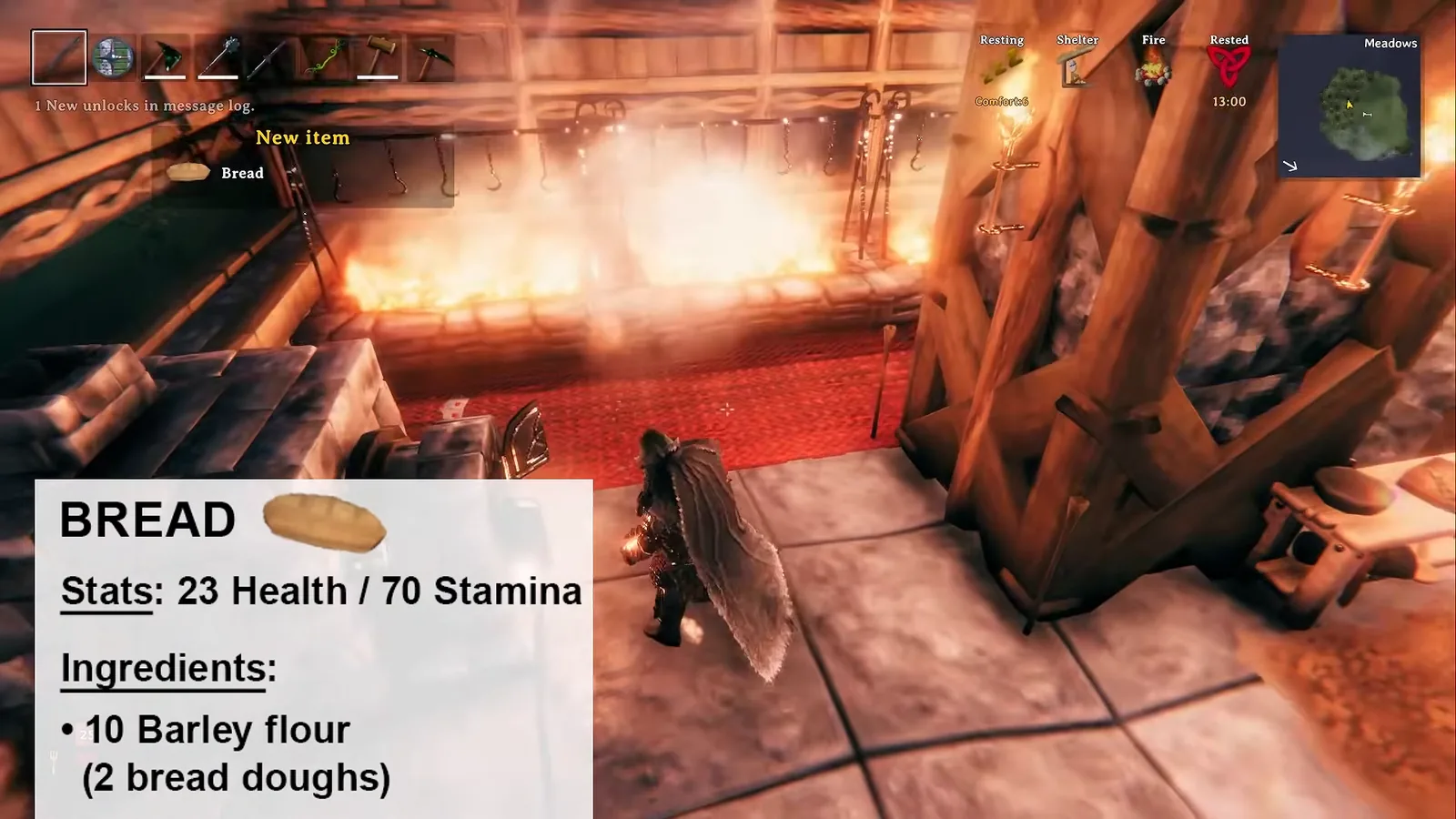 Bread card next to the Stone oven in Valheim: 23 health and 70 stamina