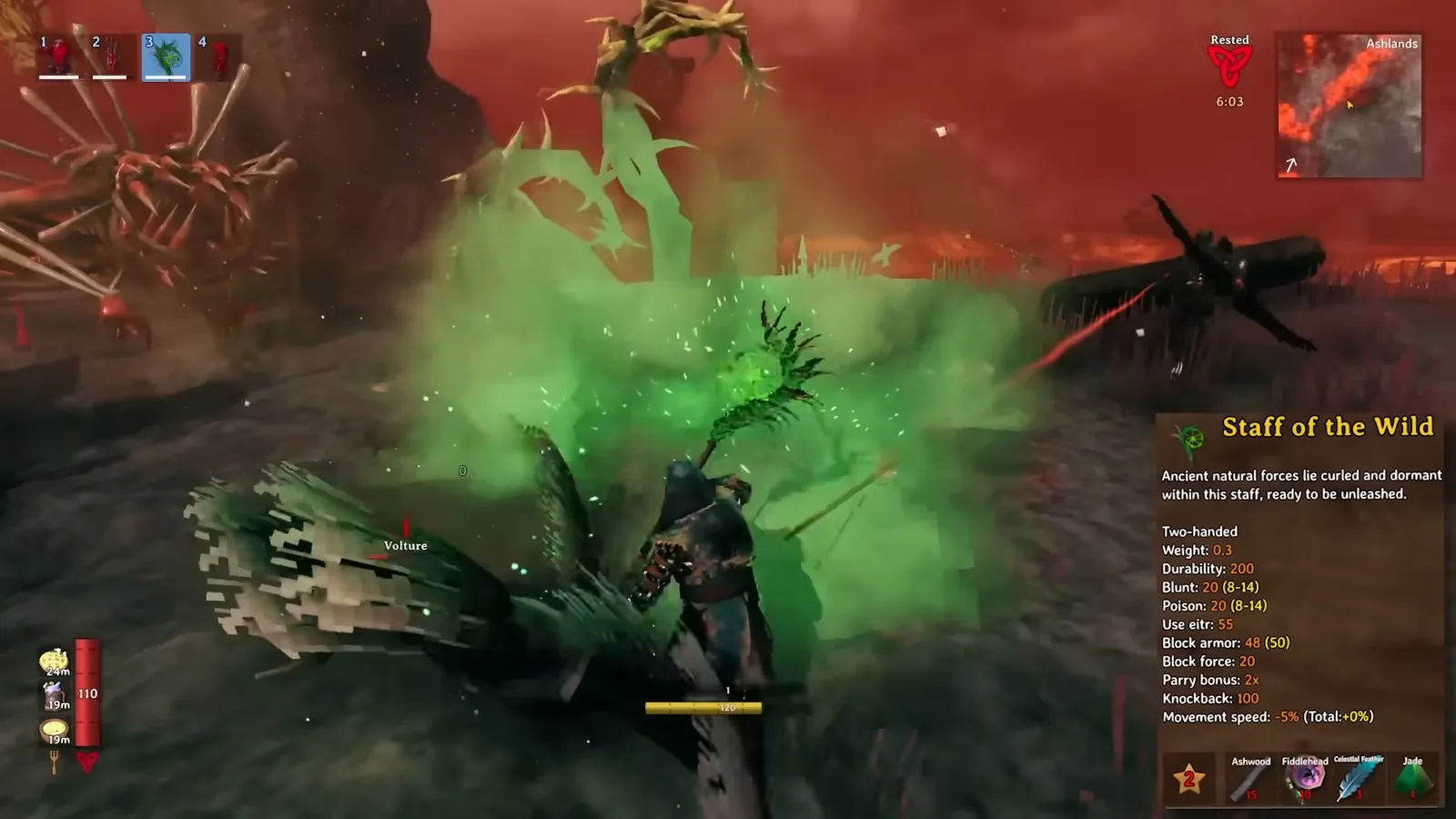 Staff of the Wild summoning Roots against Ashlands enemies in Valheim