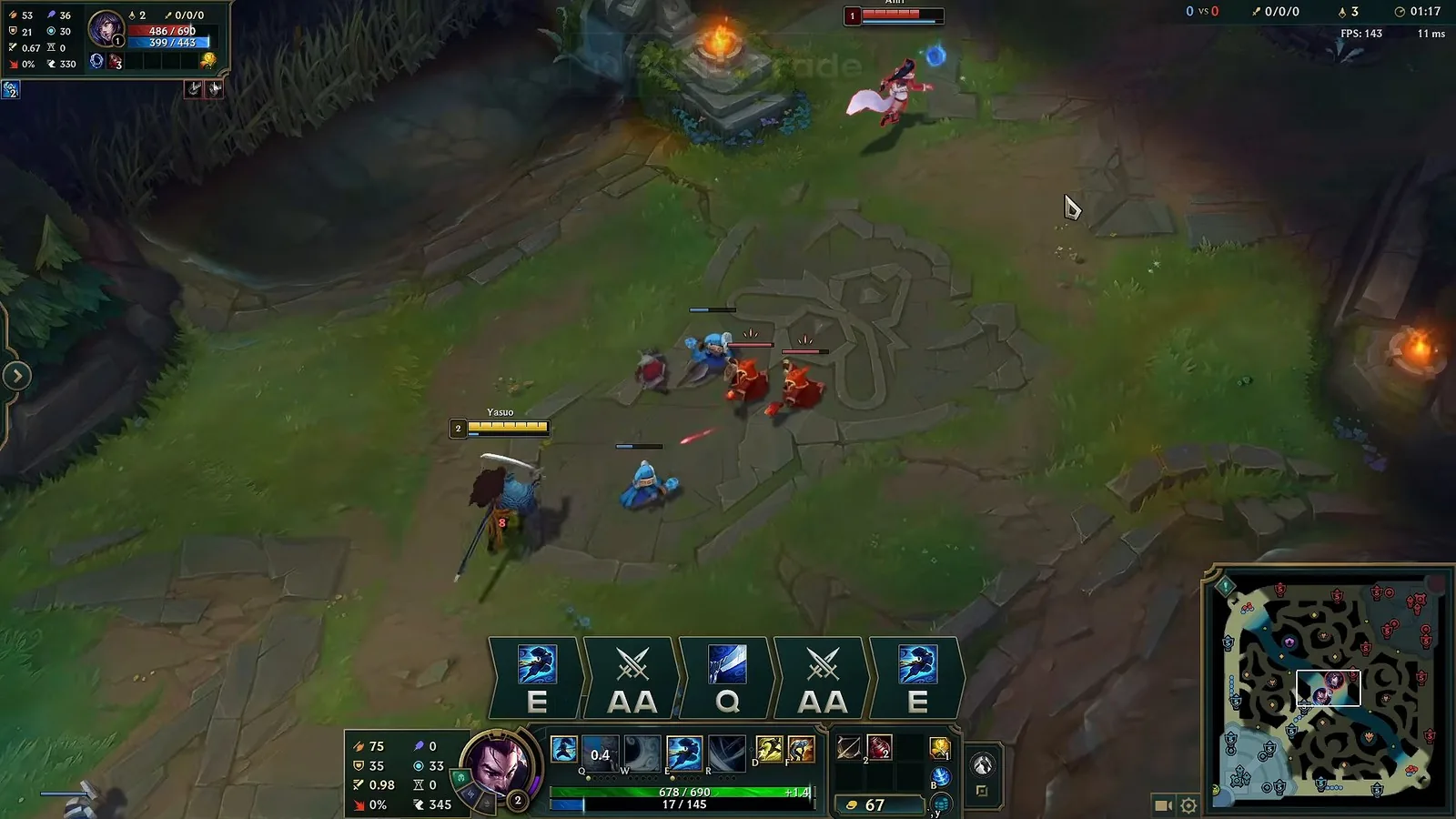 Yasuo trade pattern on screen: E, auto attack, Q, auto attack, E