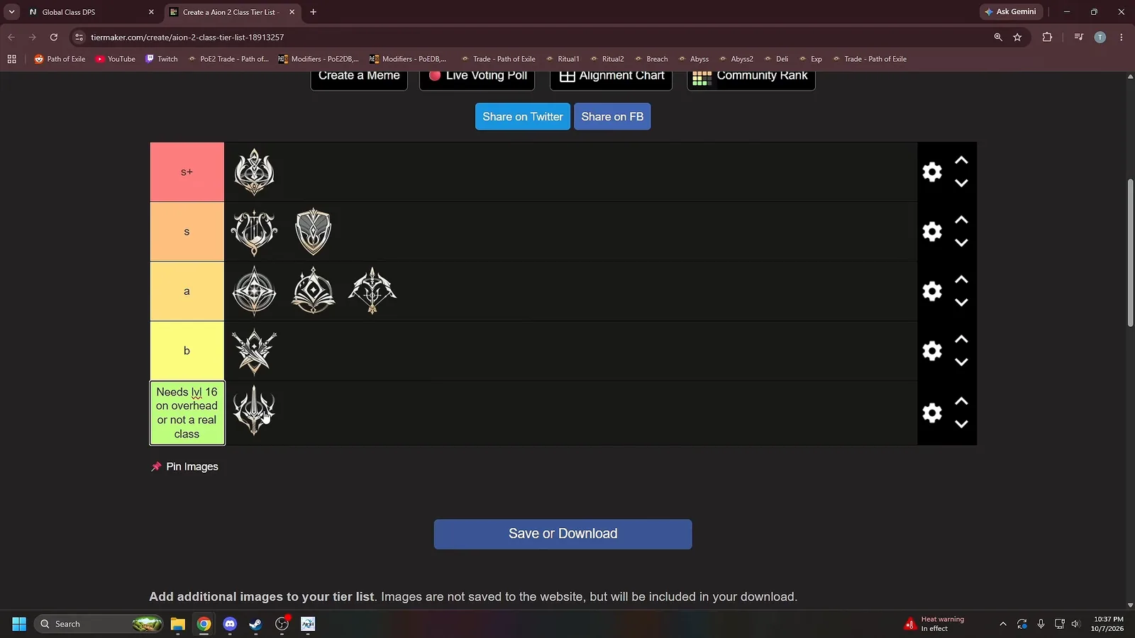 AION 2 Global class tier list: Chanter in S+, Cleric and Templar in S, Spiritmaster, Sorcerer and Ranger in A, Assassin in B, Gladiator in the needs level 16 Overhead Slam row