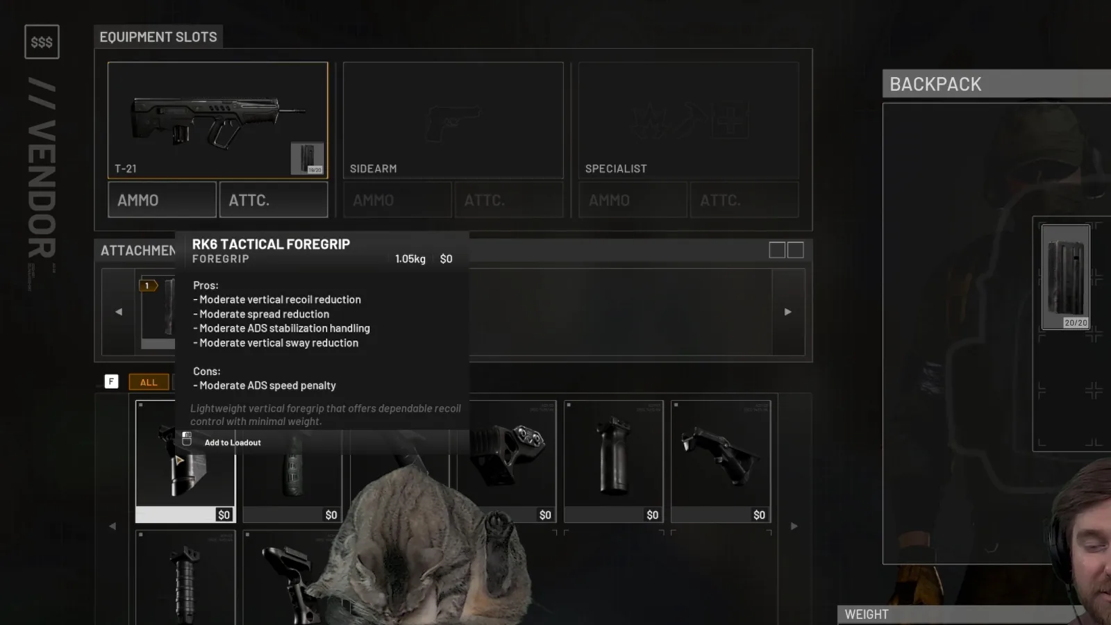 WARDOGS vendor tooltip for the RK6 Tactical Foregrip on the T-21