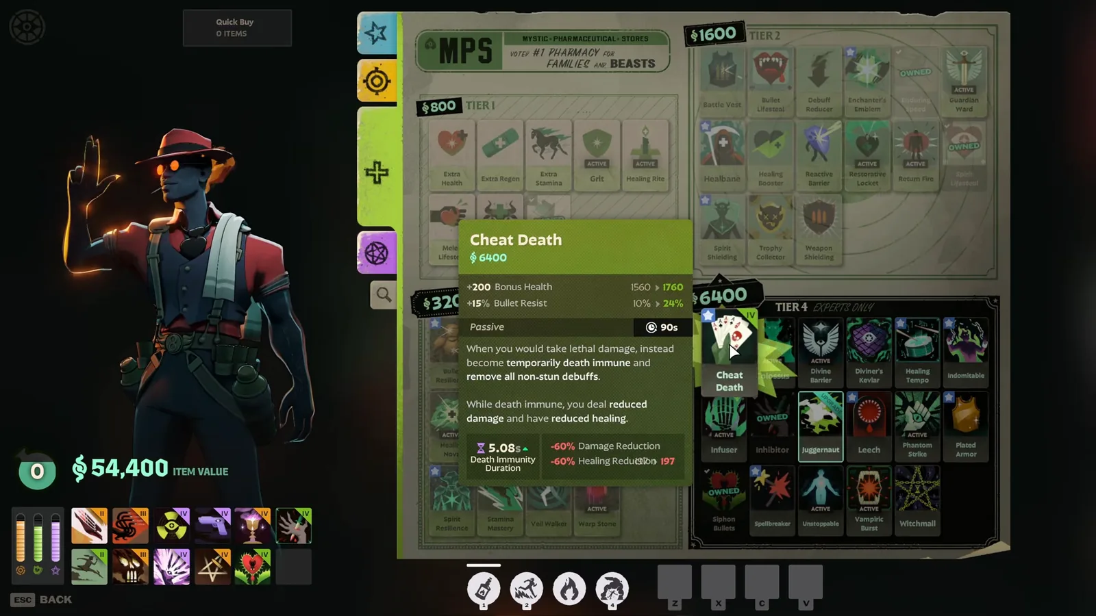 Cheat Death tooltip in the Infernus build showing death immunity duration and damage penalty