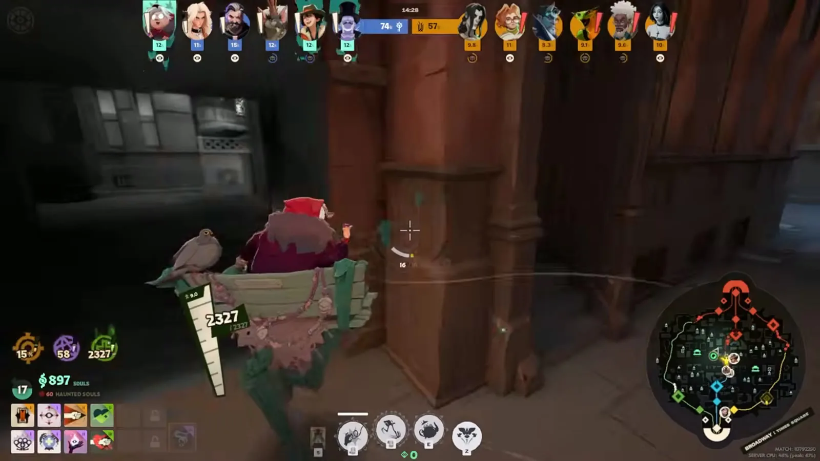 Baba in a Deadlock alley mid-match with her four ability icons and upgrade pips visible on the HUD