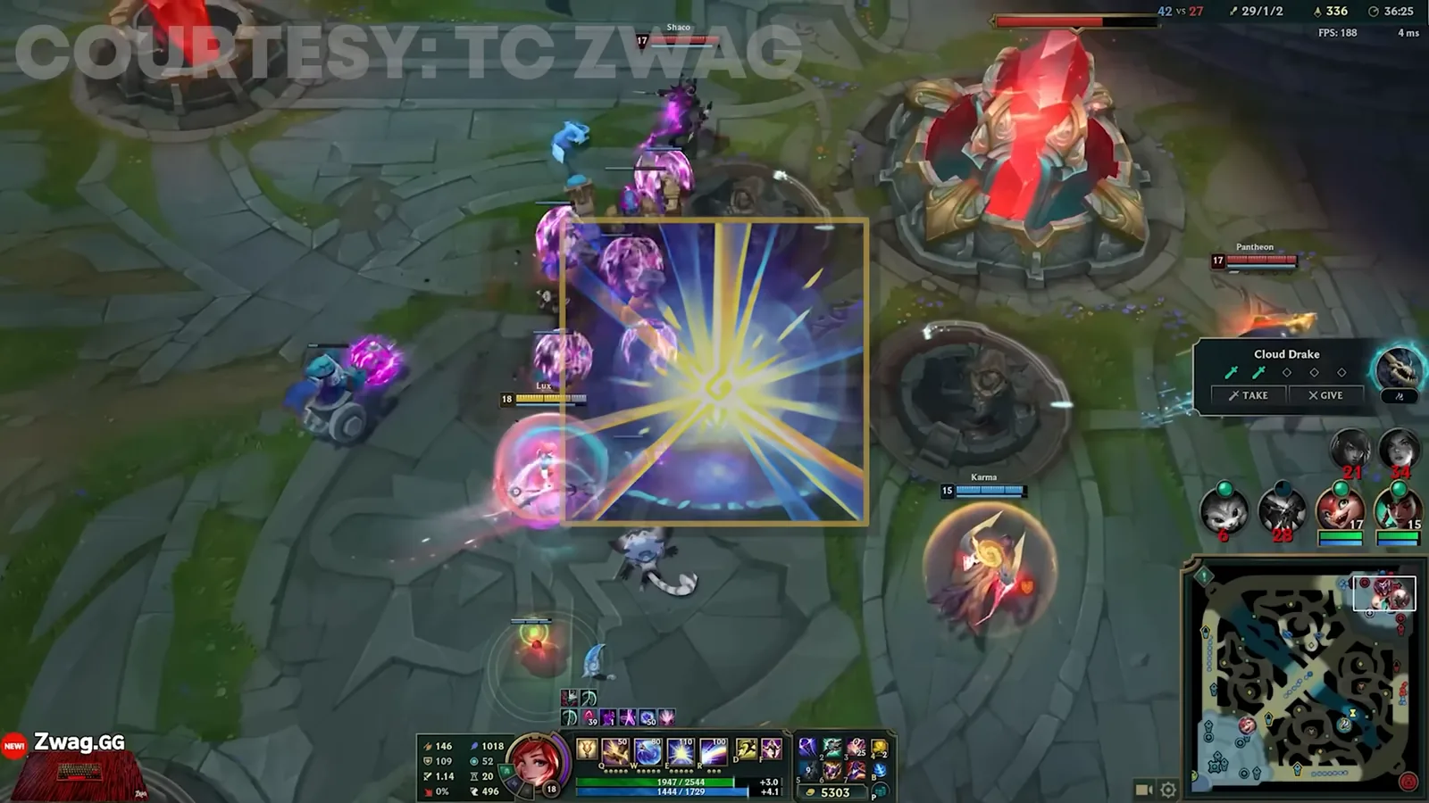 Lux firing Final Spark during a fight near the mid lane inhibitor