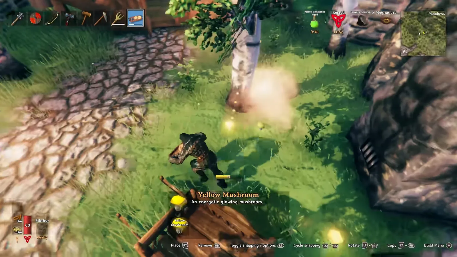 Valheim serving tray placing glowing yellow mushrooms beside a stone path